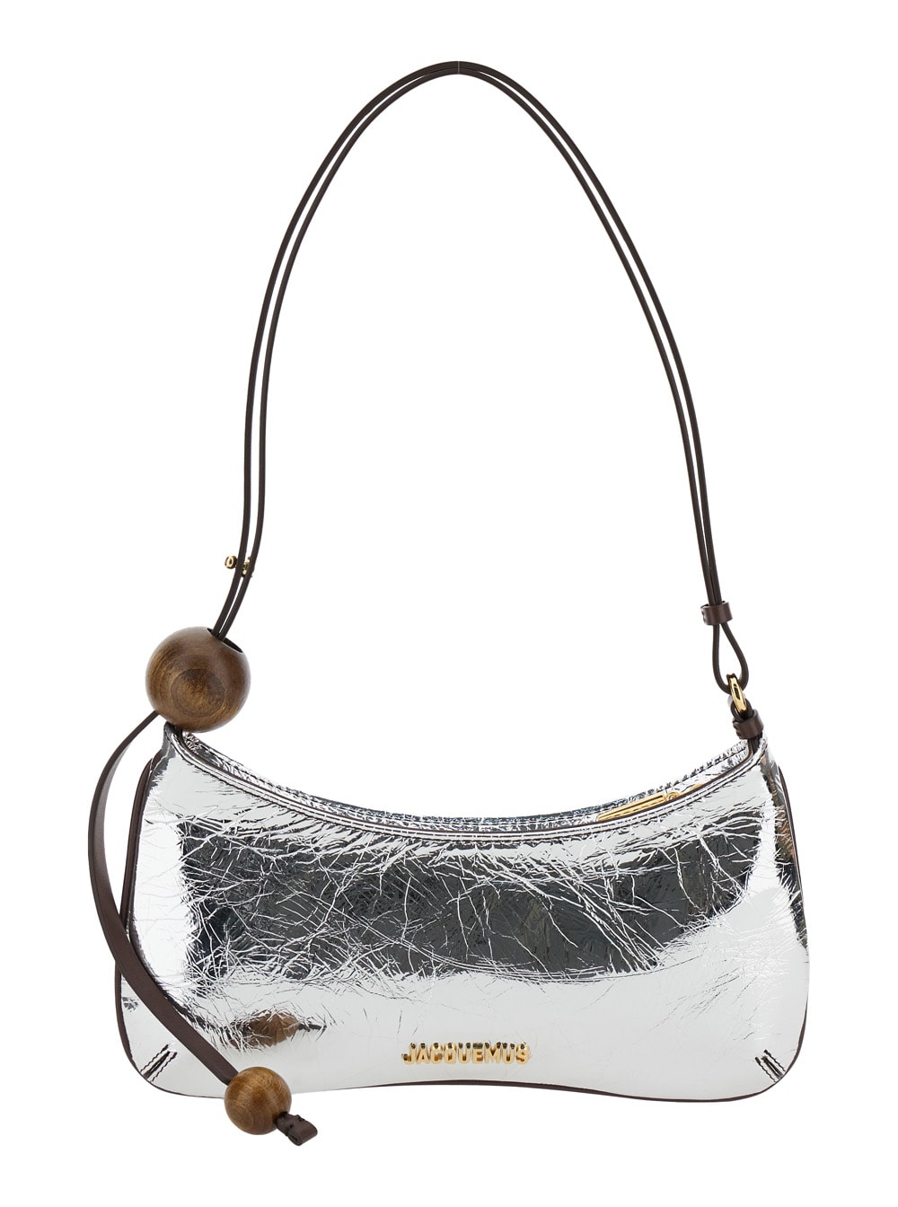 Shop Jacquemus Le Bisou Perle Silver Shoulder Bag With Logo Detail In Laminated Leather Woman In 980 Silver