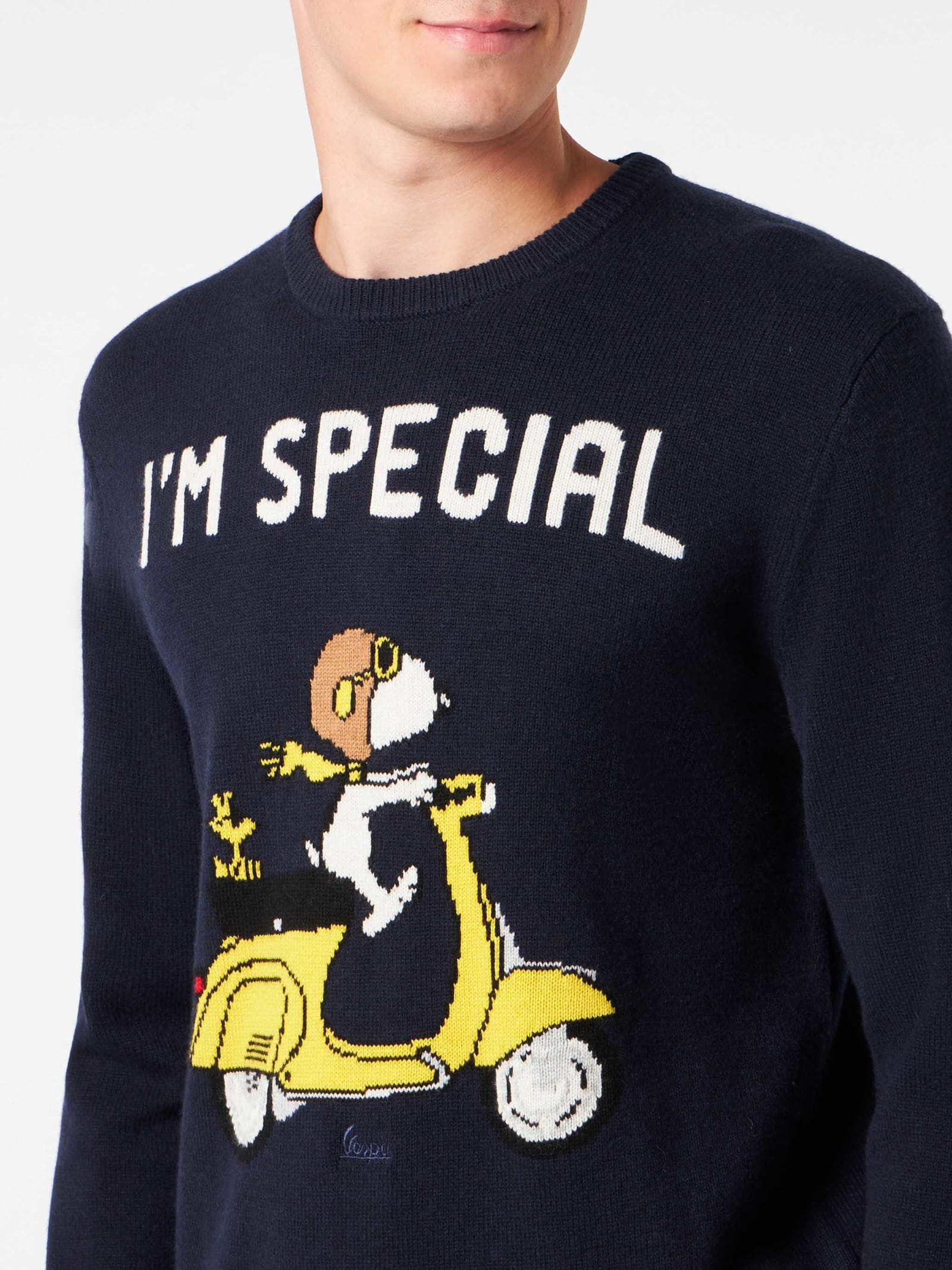 Shop Mc2 Saint Barth Man Crewneck Sweater With Snoopy Scooter Jacquard Print Snoopy - ©peanuts Special Edition In Blue