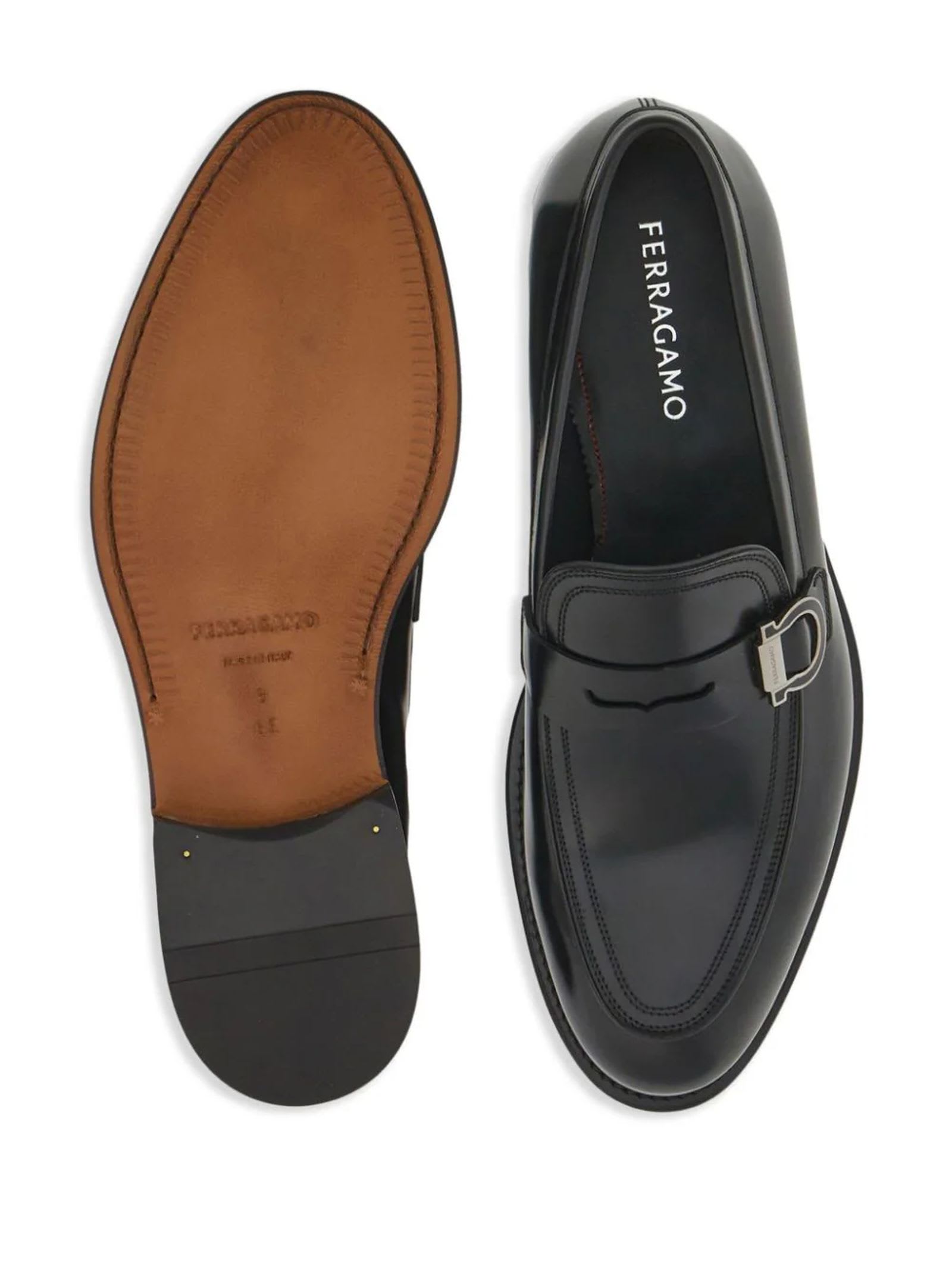 Shop Ferragamo Black Calf Leather Gancini Loafers