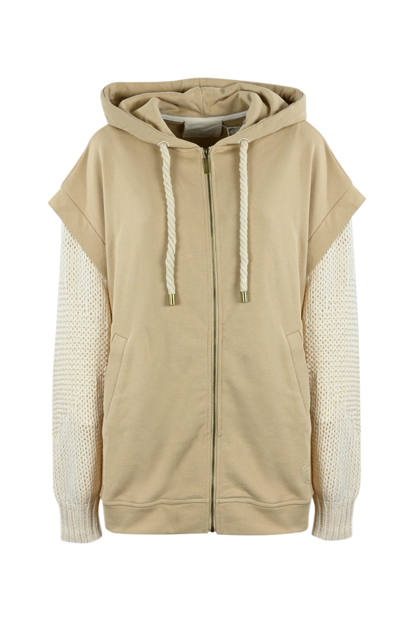 Shop Twinset Sweatshirt With Knitted Sleeves  In Almond
