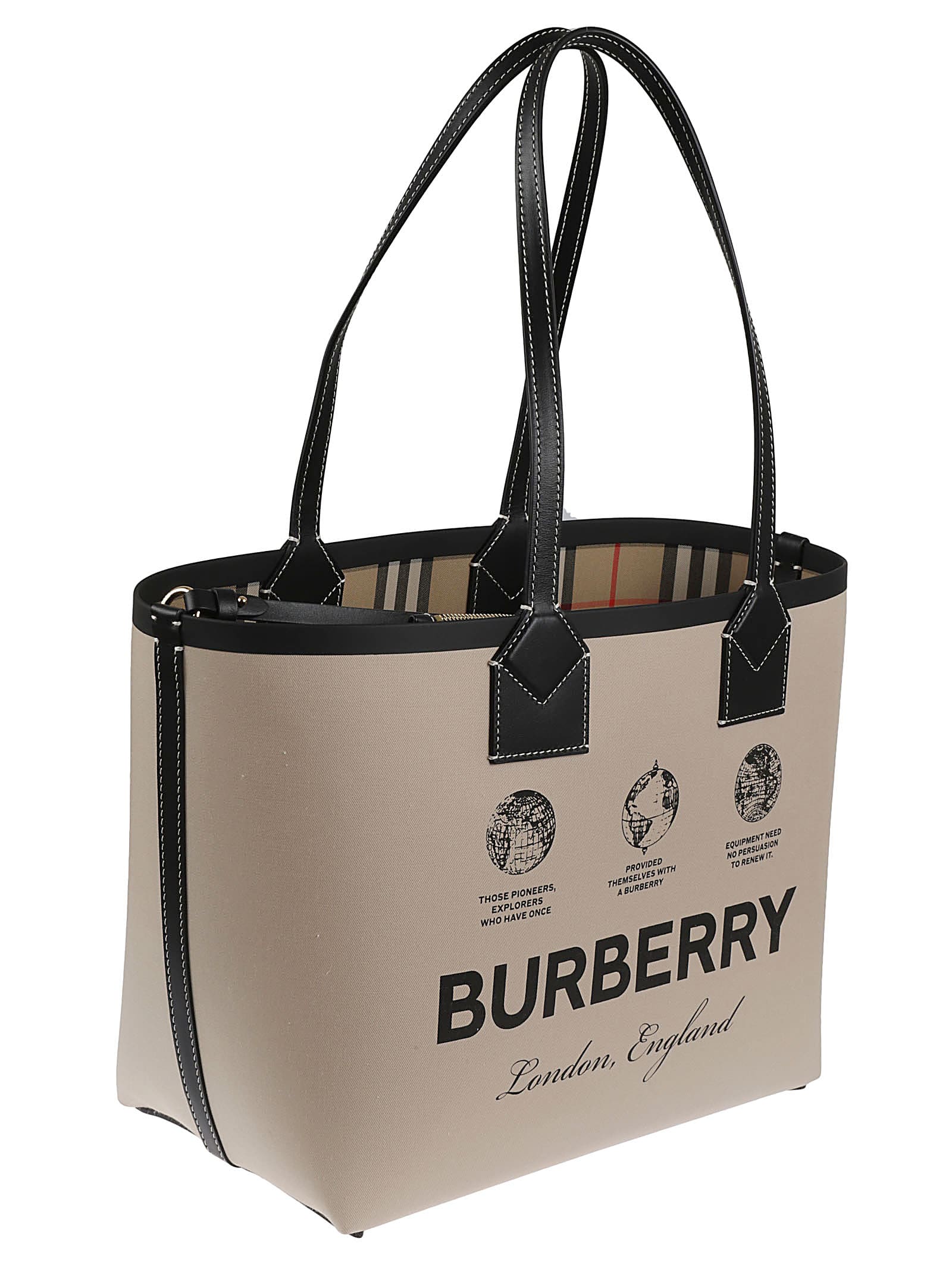Shop Burberry Logo Print Check Tote In Beige