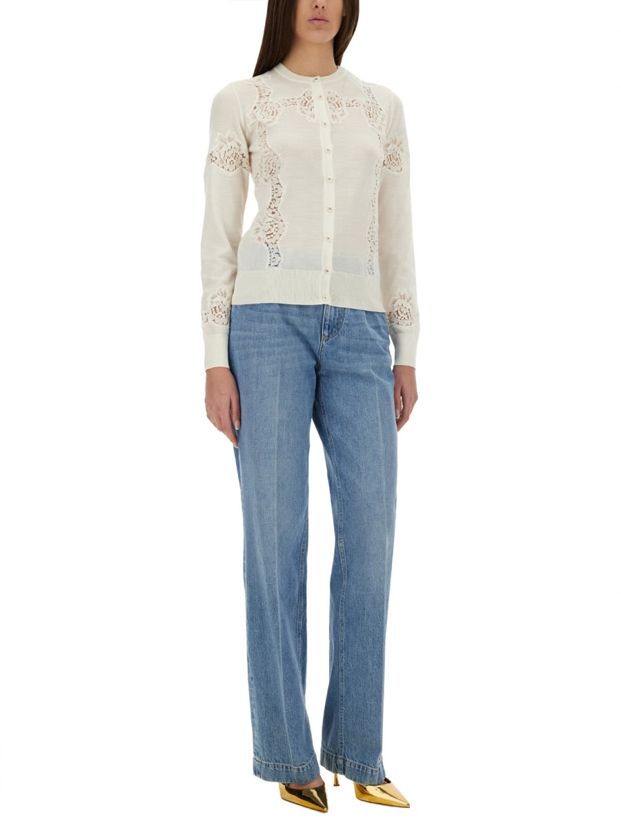 Dolce & Gabbana Cashmere And Silk Cardigan With Lace Inlay In Ivory