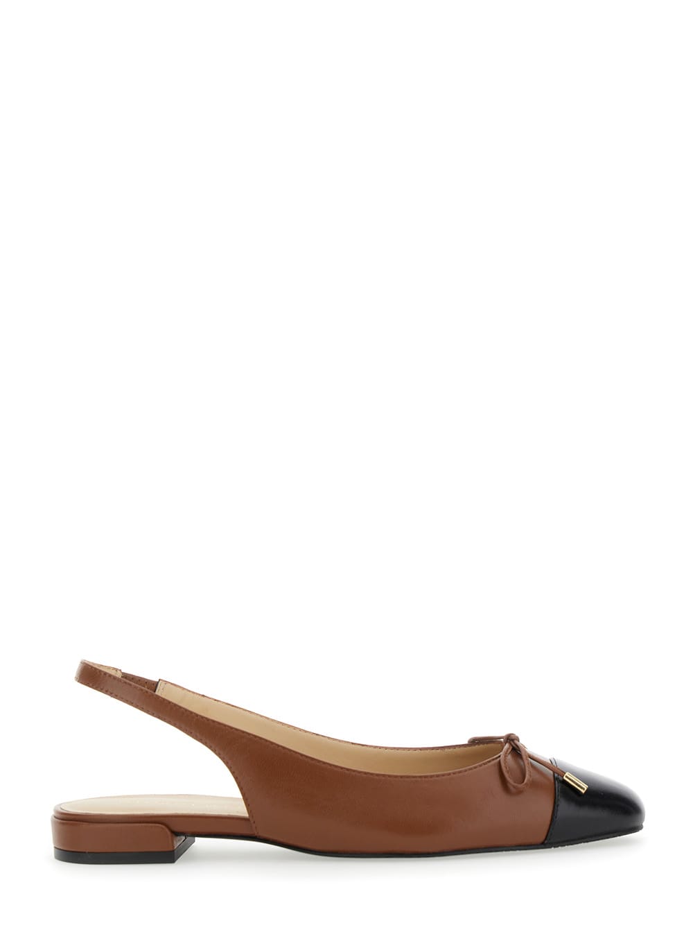 Brown Slingback Ballet Shoes With Cap Toe And Bow Detail In Leather Woman