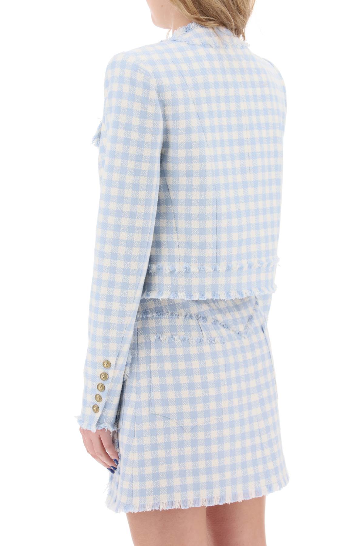 Shop Balmain Bolero Jacket In Tweed With Gingham Pattern In Bleu Pale/blanc