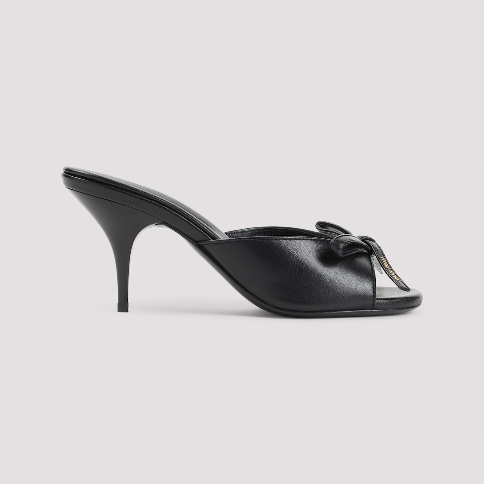 Miu Miu Lamb Leather Slippers Bow Open Toe Stiletto In Black
