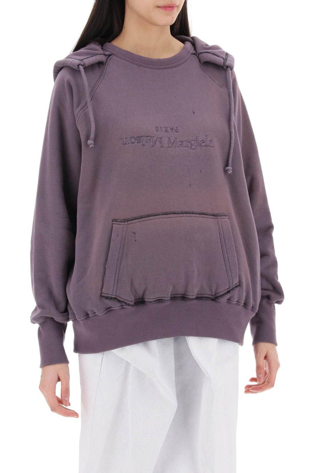 Shop Maison Margiela Logo Detailed Drawstring Hoodie In Aubergine Black (purple)