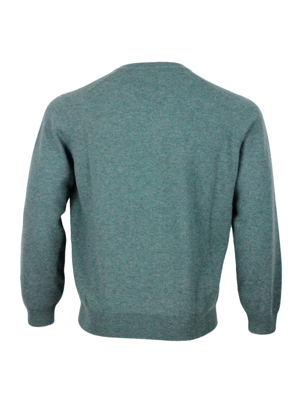 Shop Brunello Cucinelli Long-sleeved V-neck Sweater In Fine 100% Cashmere With Contrasting Piping On The Cuff In Green