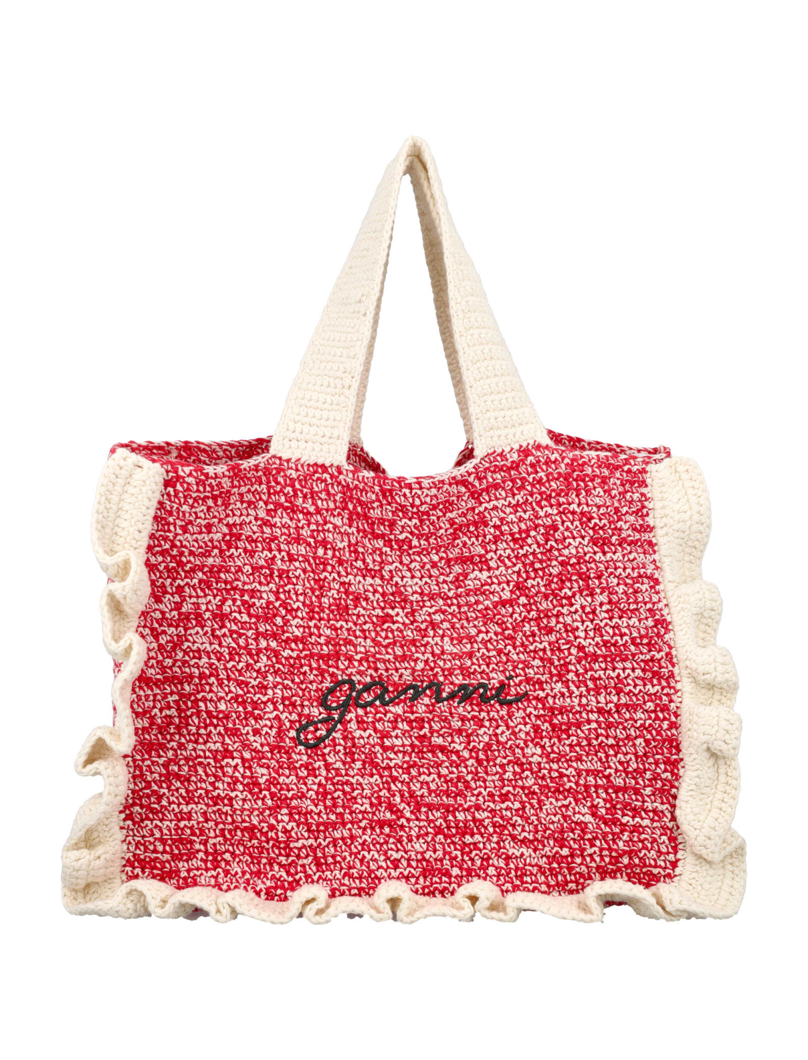 Shop Ganni Crochet Frill Tote Solid Bag In White Red