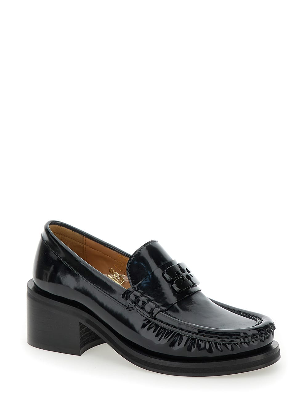 Shop Ganni Butterfly Black Loafers With Tonal Logo In Techno Fabric Woman