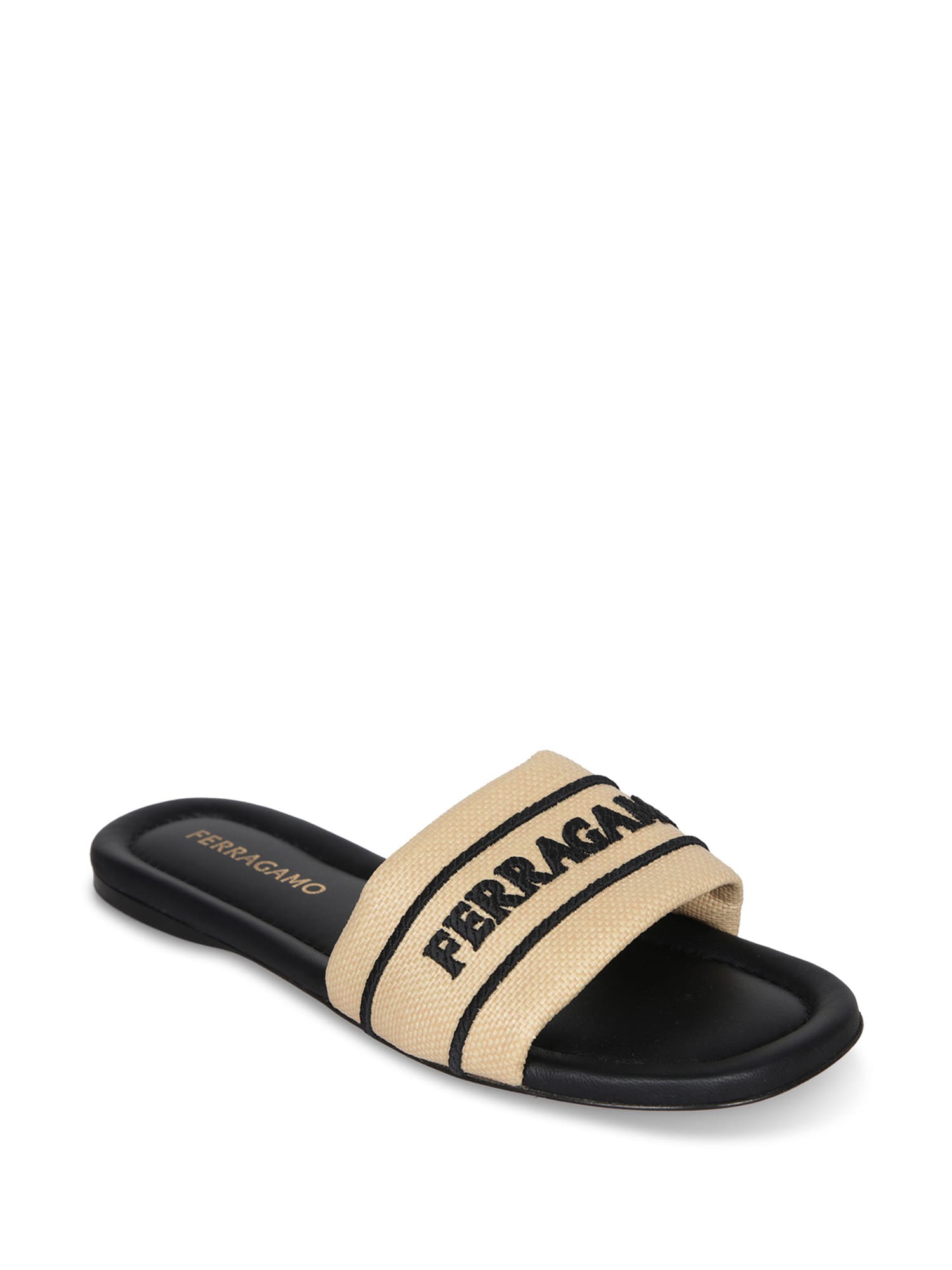 Ferragamo Nappa Raffia Black Sandals In Multi