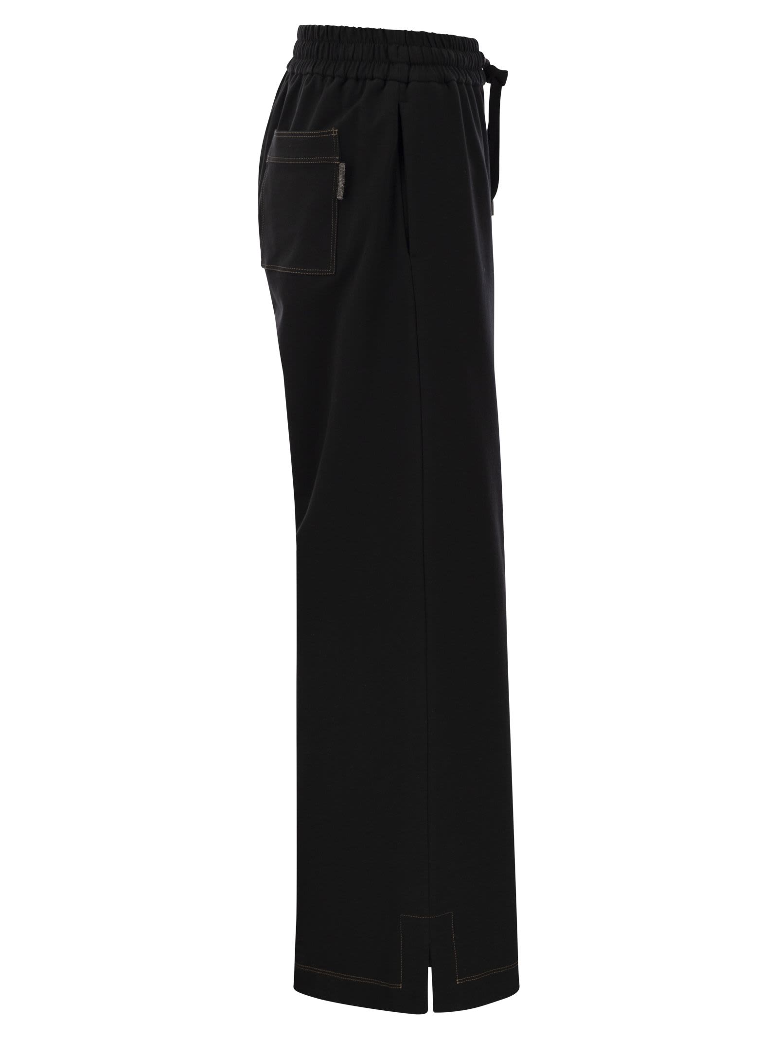 Shop Brunello Cucinelli Light Stretch Cotton Fleece Trousers With Shiny Tab In Black