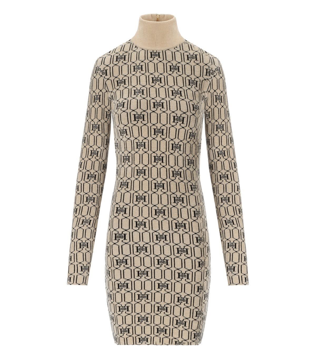 Shop Elisabetta Franchi Dress In Chenille With Logo In Champagne