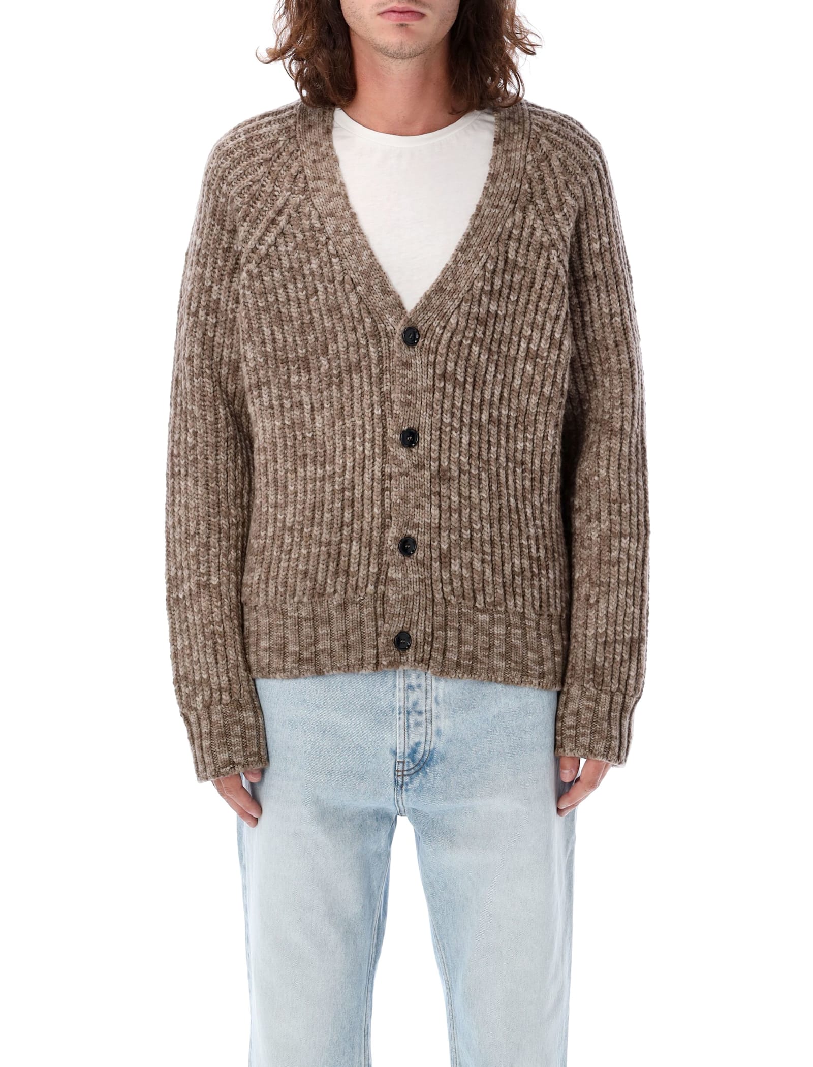 Shop Ami Alexandre Mattiussi Ribbed Cropped Cardigan In Dk Coffee Sand