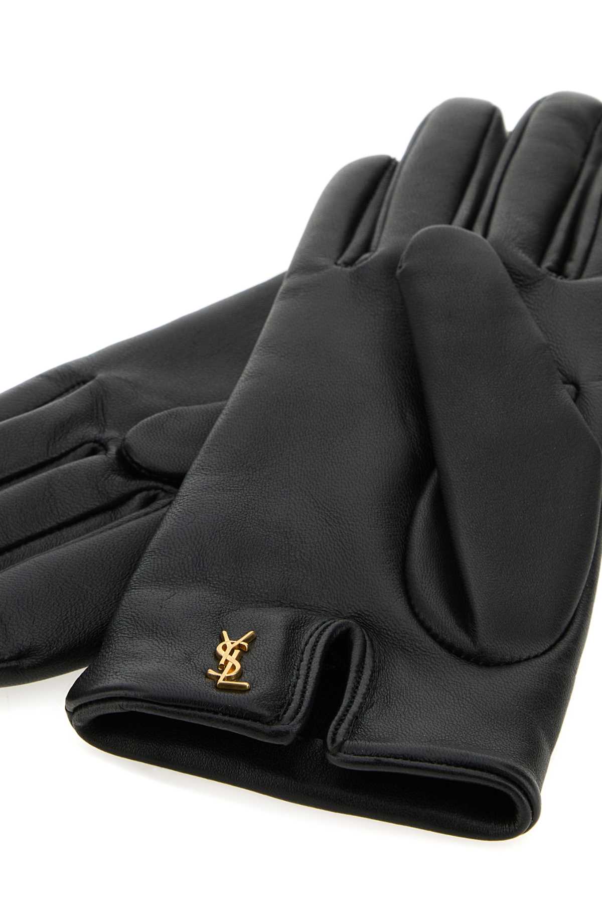 Shop Saint Laurent Black Leather Cassandre Gloves In Blackgold