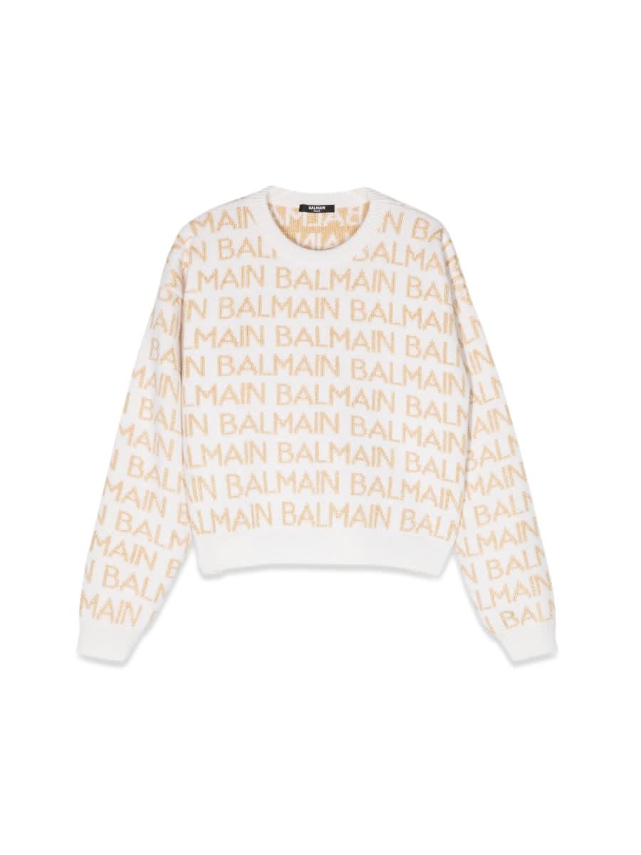 Shop Balmain Allover Logo Crewneck Sweater In Multicolour