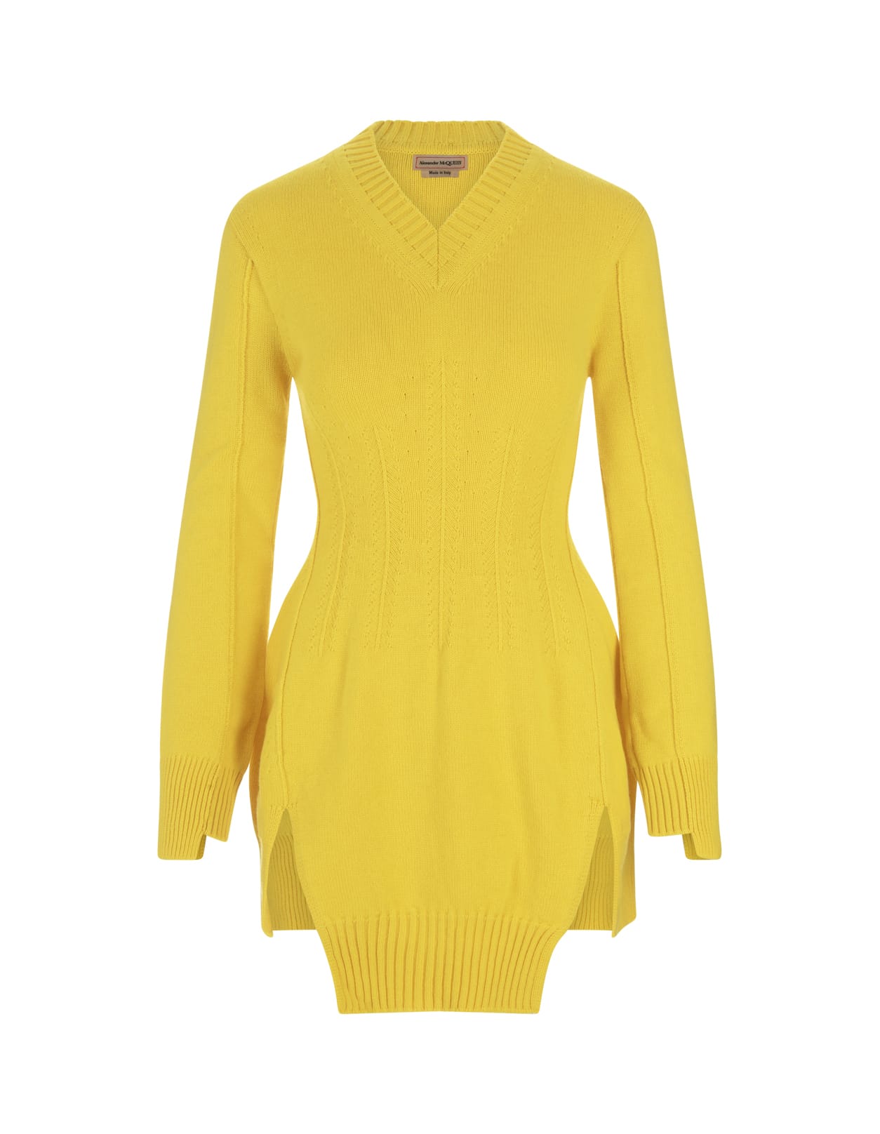 Alexander McQueen Yellow Cashmere Tunic Sweater With Corset Stitching