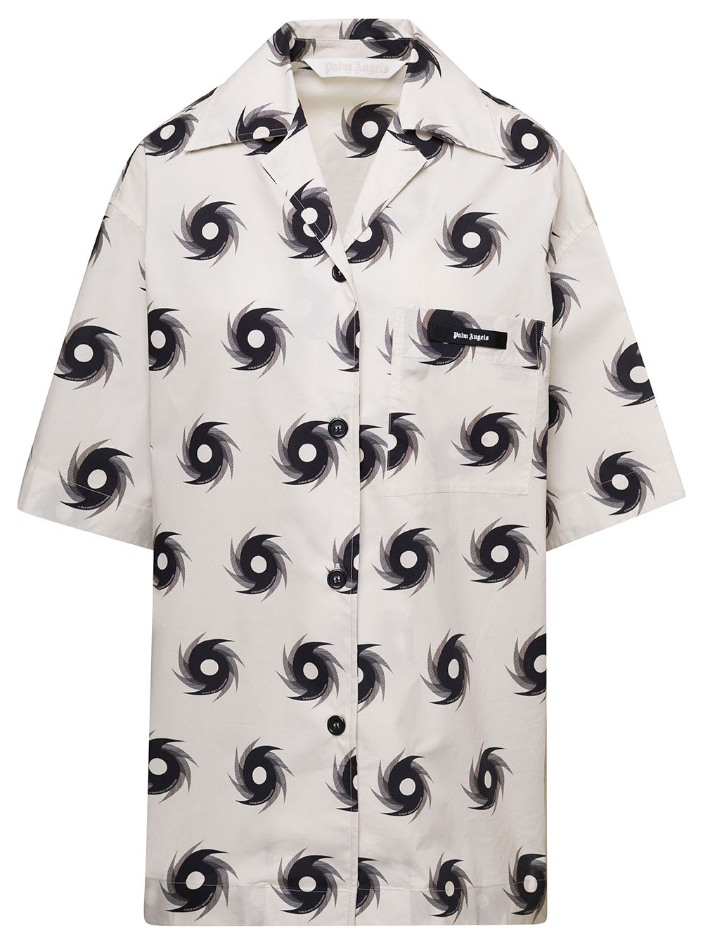 Palm Angels White Bowling Shirt With All-over Shuriken Print In Cotton Woman
