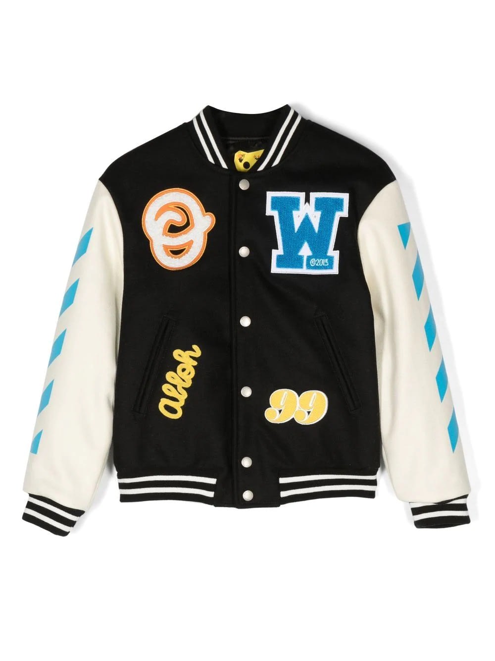 OFF-WHITE BLACK VARSITY BOMBER WITH APPLICATIONS
