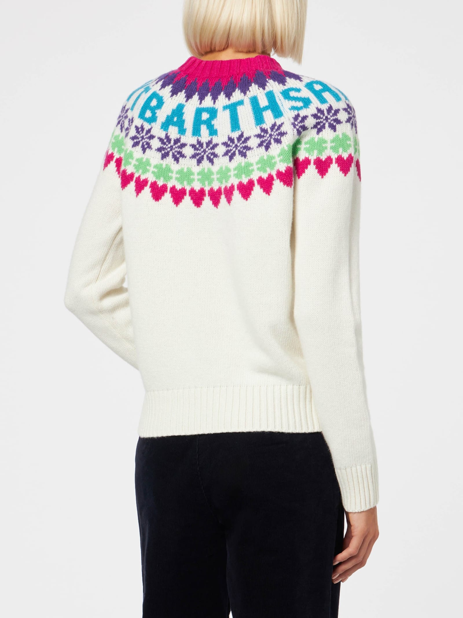 Shop Mc2 Saint Barth Woman Crewneck White Sweater With Fair Isle Heart Print