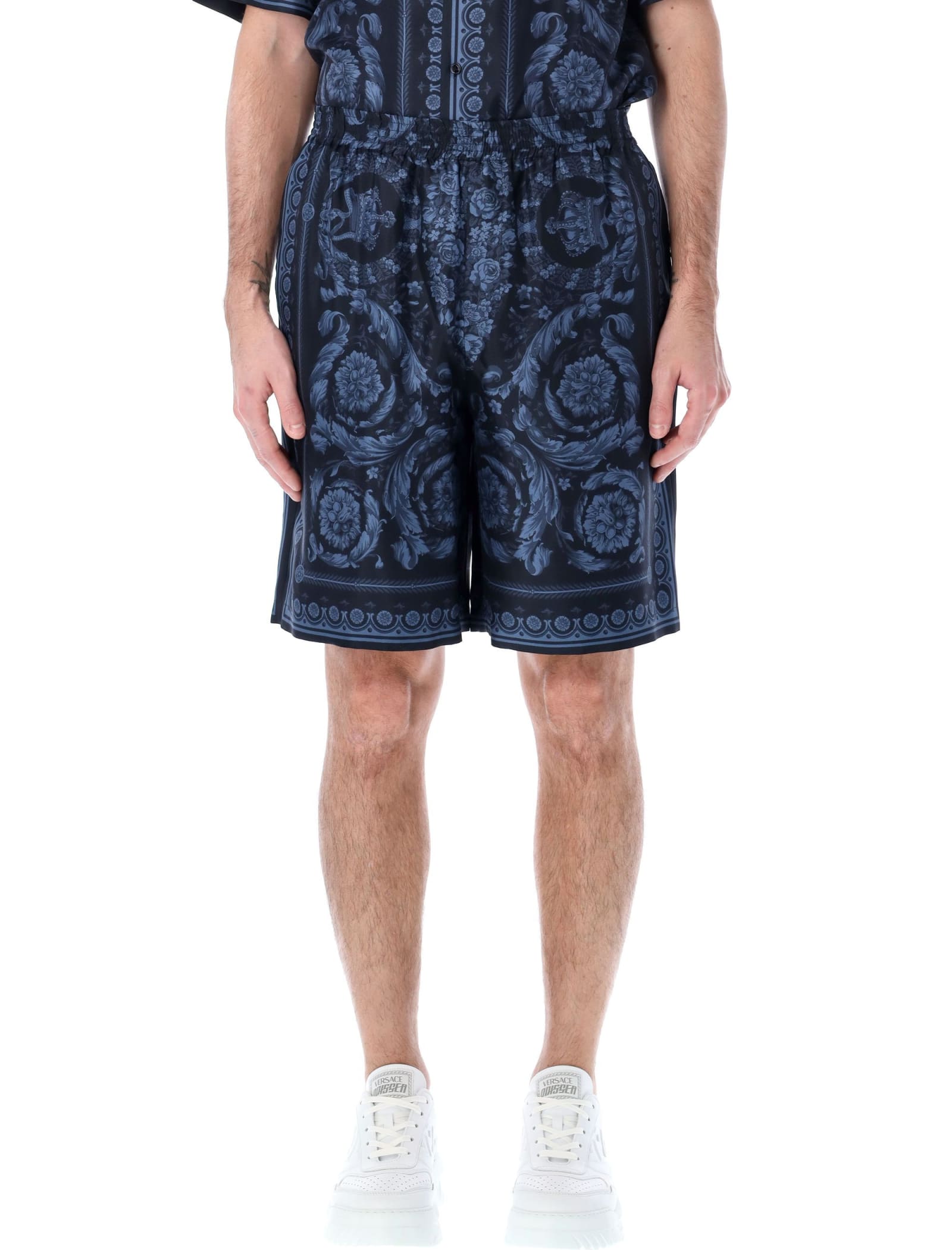 Versace Navy Barocco Shorts In Navy Blue