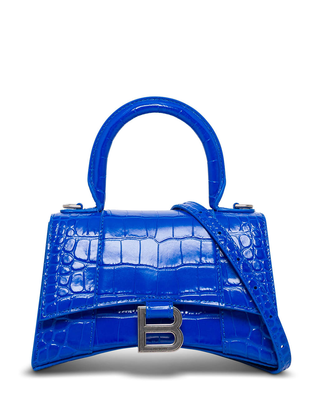 Balenciaga Hourglass Crossbody Bag In Blue Crocodile Printed Leather