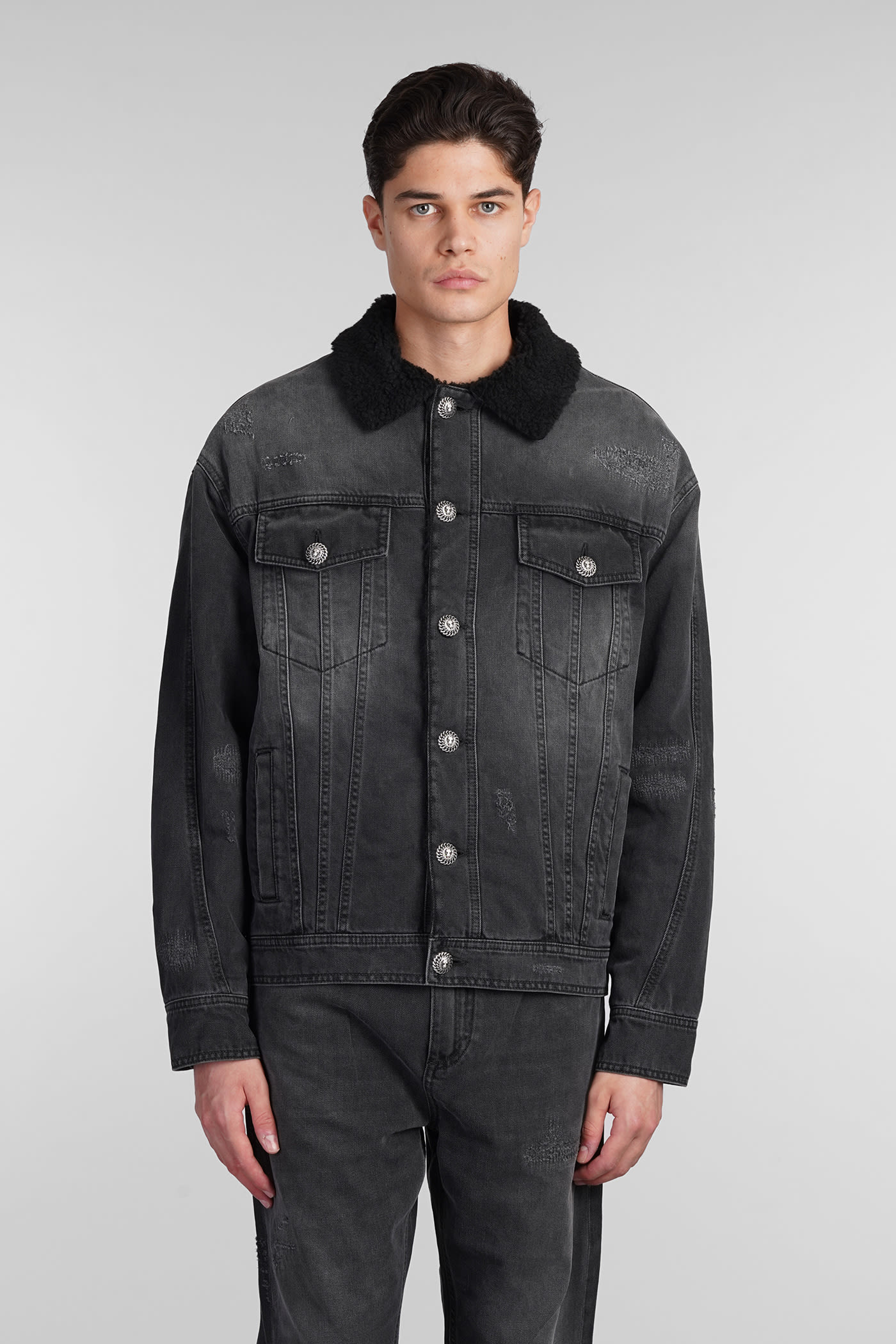 Shop Balmain Denim Jackets In Grey Cotton