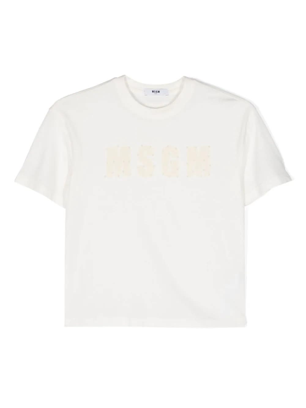 Msgm Kids' Cream T-shirt With Logo And Rhinestones In Crema
