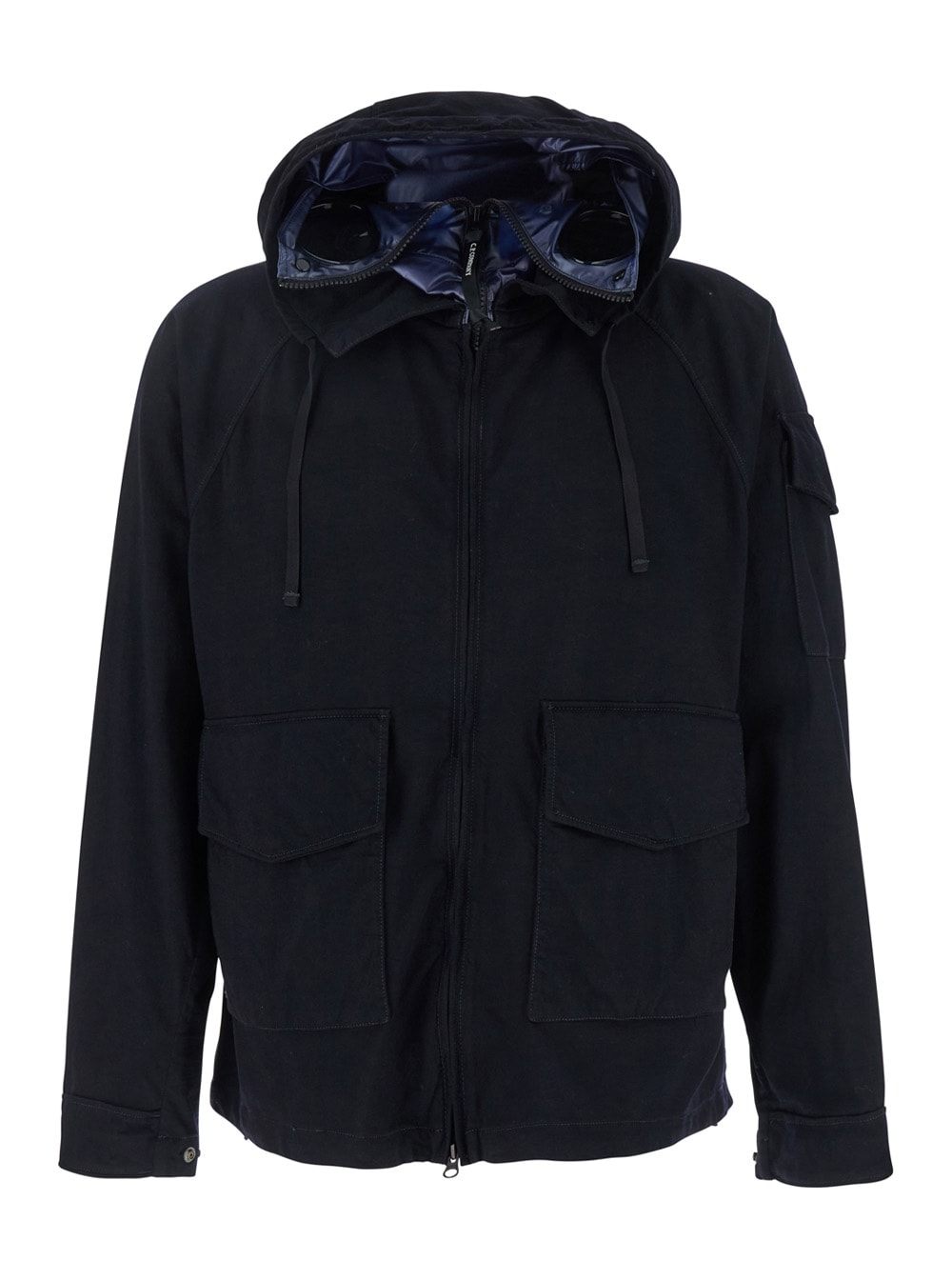 C.p. Company Blue Jacket With Explorer Hood And Adjustable Drawstring Waist In Tech Fabric Man