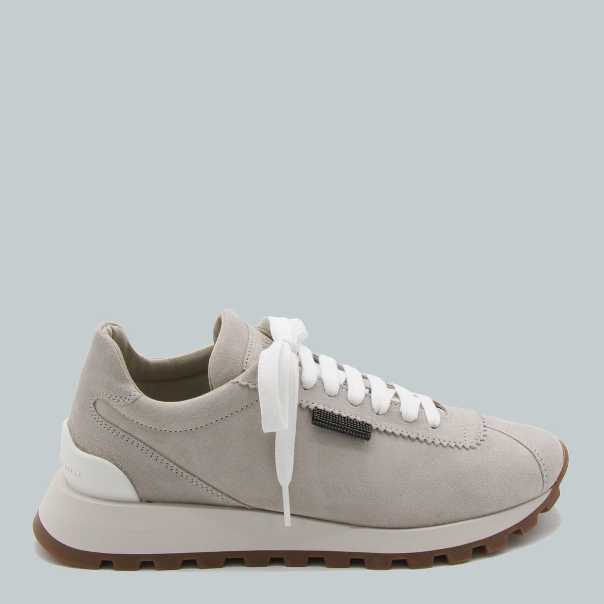 Brunello Cucinelli Beige Low Top Sneakers With Monil Detail On The Side And Embossed Logo Lettering On The Rear In Gray