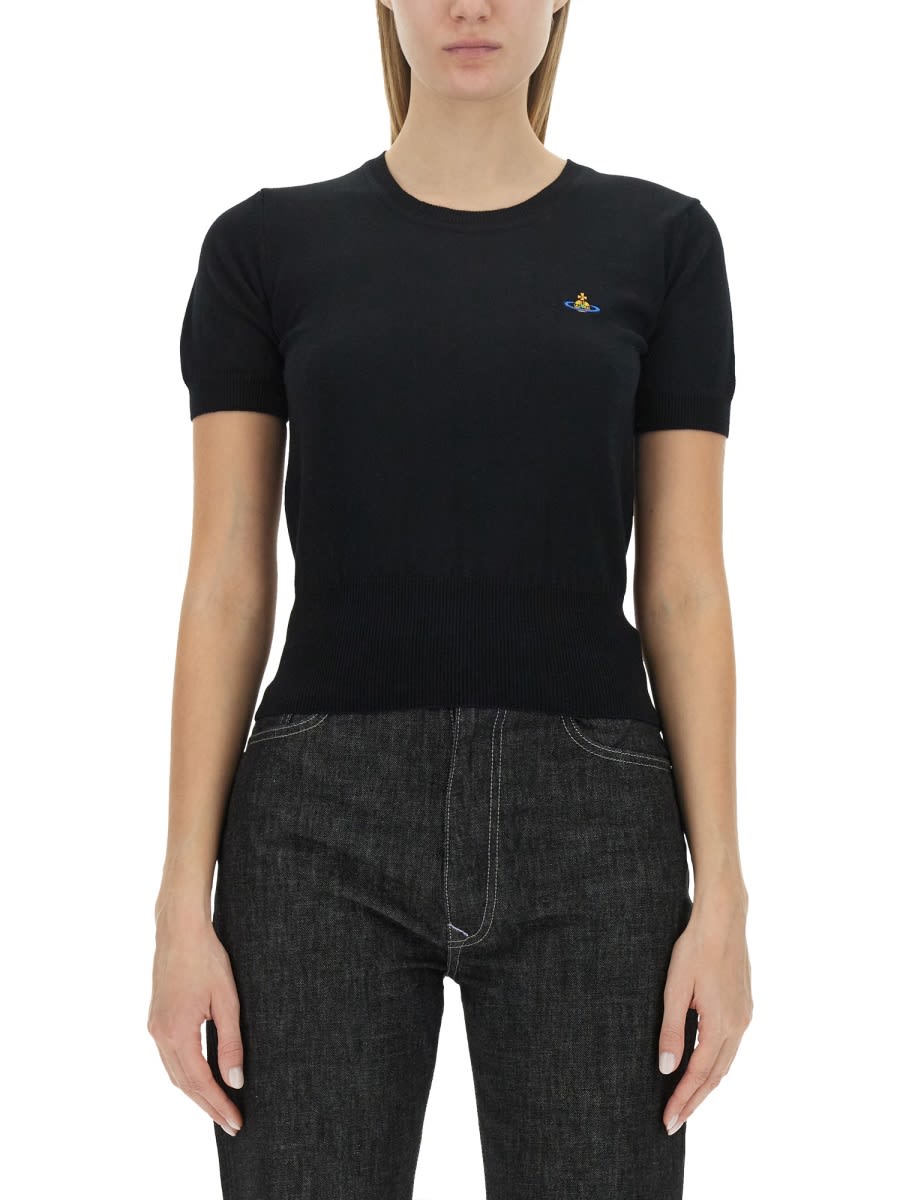 Vivienne Westwood Orb Embroidered Short-sleeved Knit Top In Black