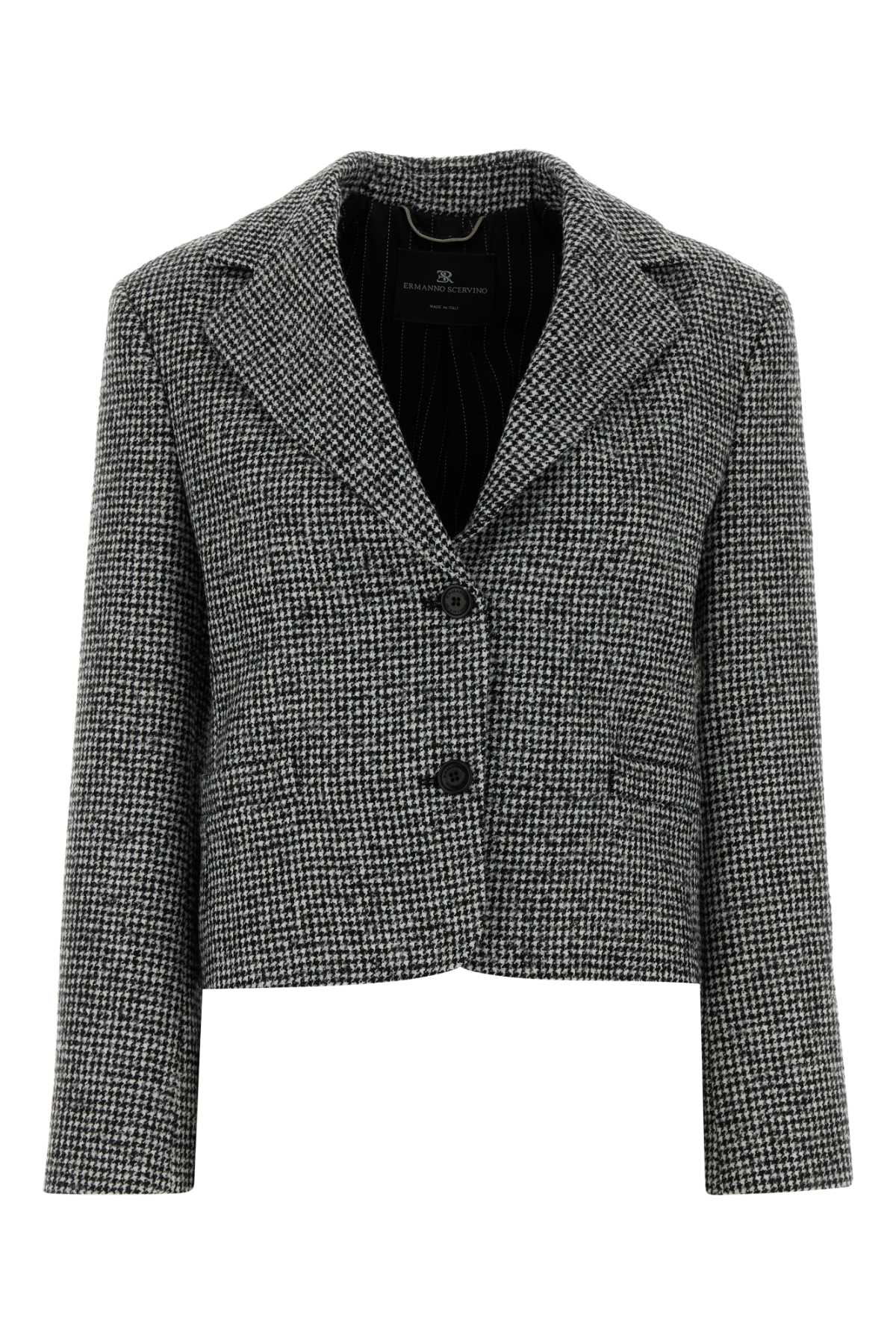 Ermanno Scervino Houndstooth Pattern Wool Blend Blazer In Gray