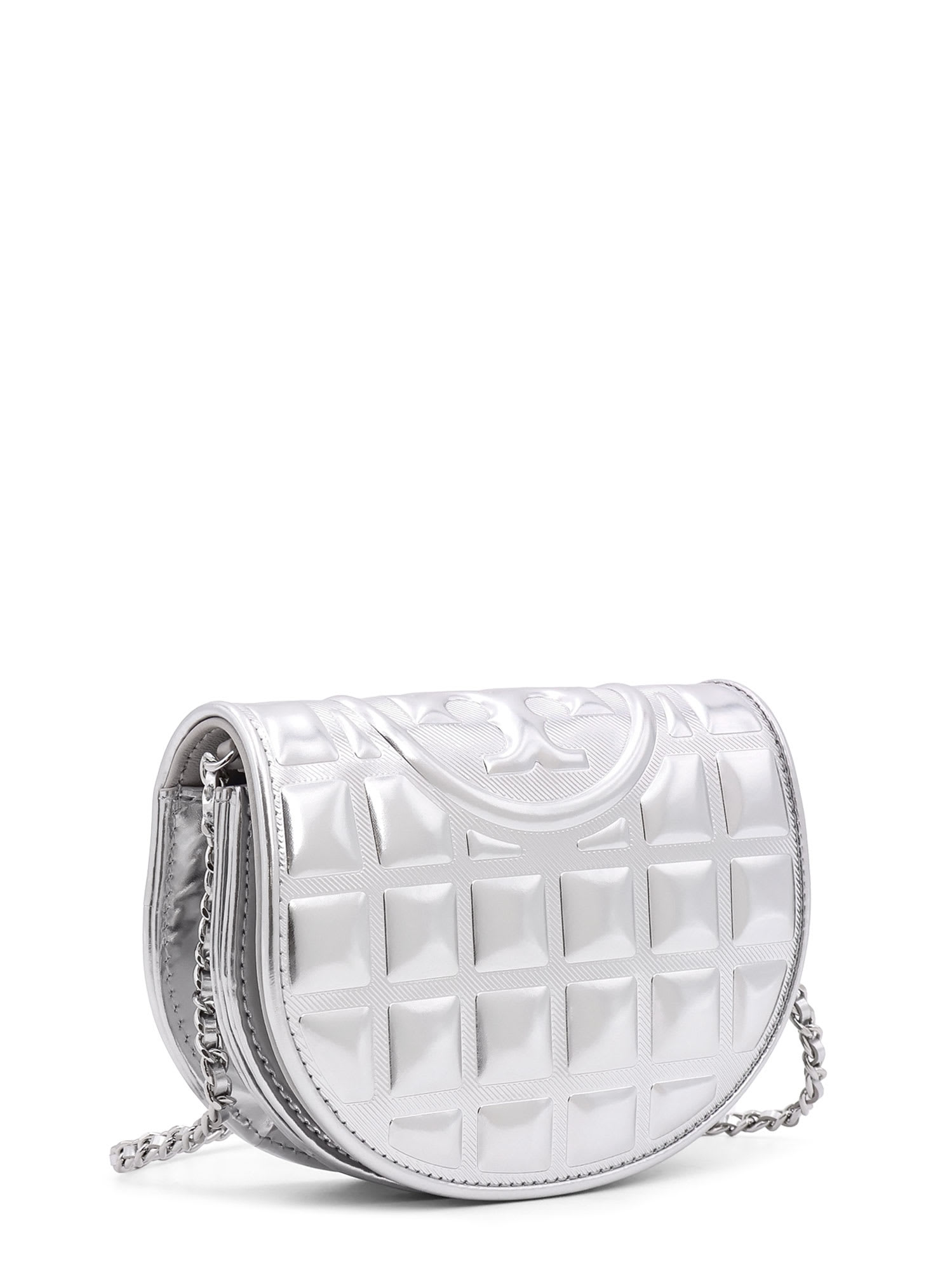 Tory Burch Fleming Metallic Square Quilt Wallet On Chain In Silver