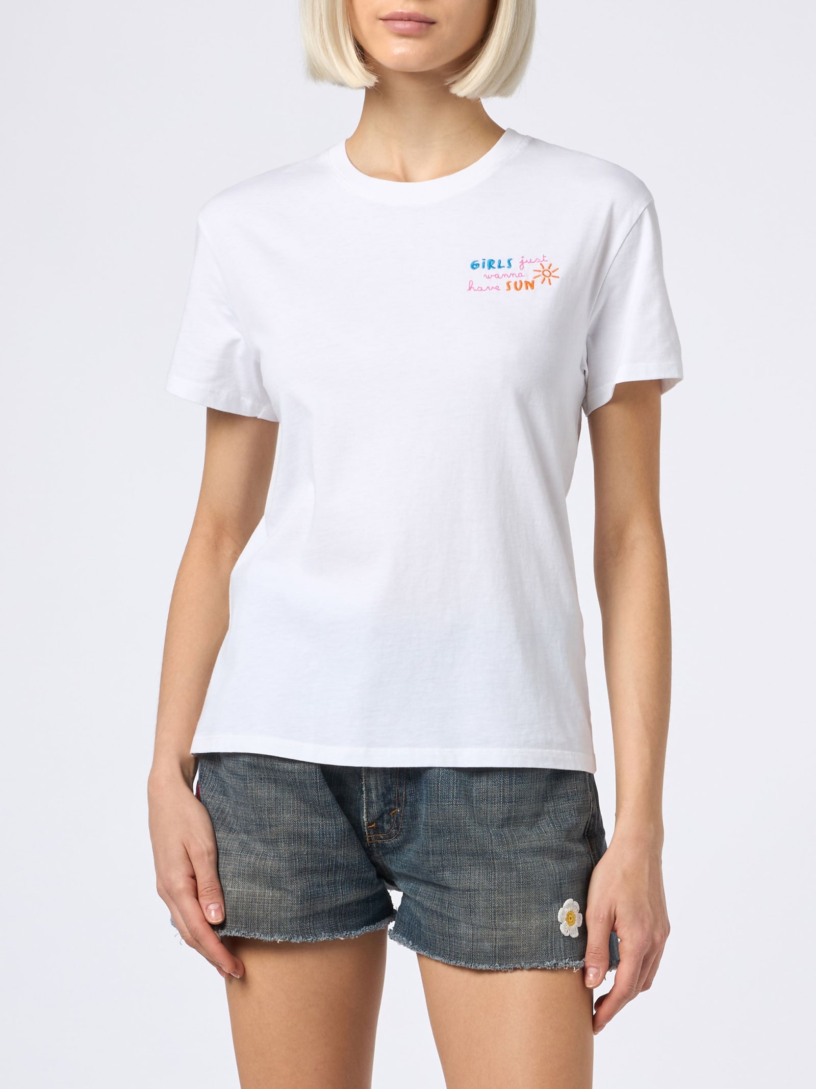Mc2 Saint Barth Woman Cotton Jersey Crewneck T-shirt Emilie With Girls Just Wanna Have Sun Embroidery In White