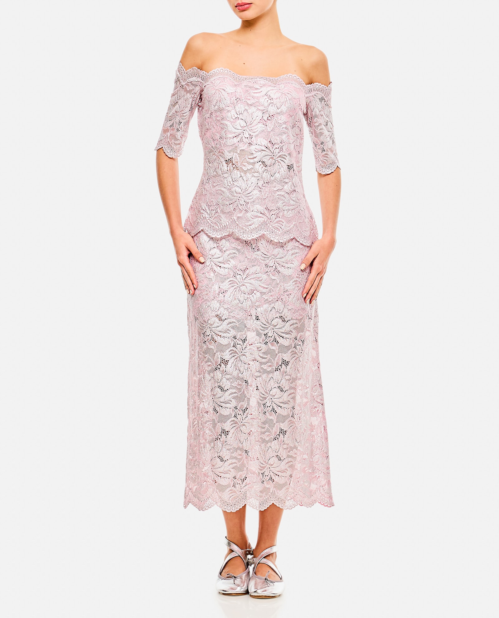 Rabanne Off-the-shoulder Lace Top With Floral Patterns In Pink