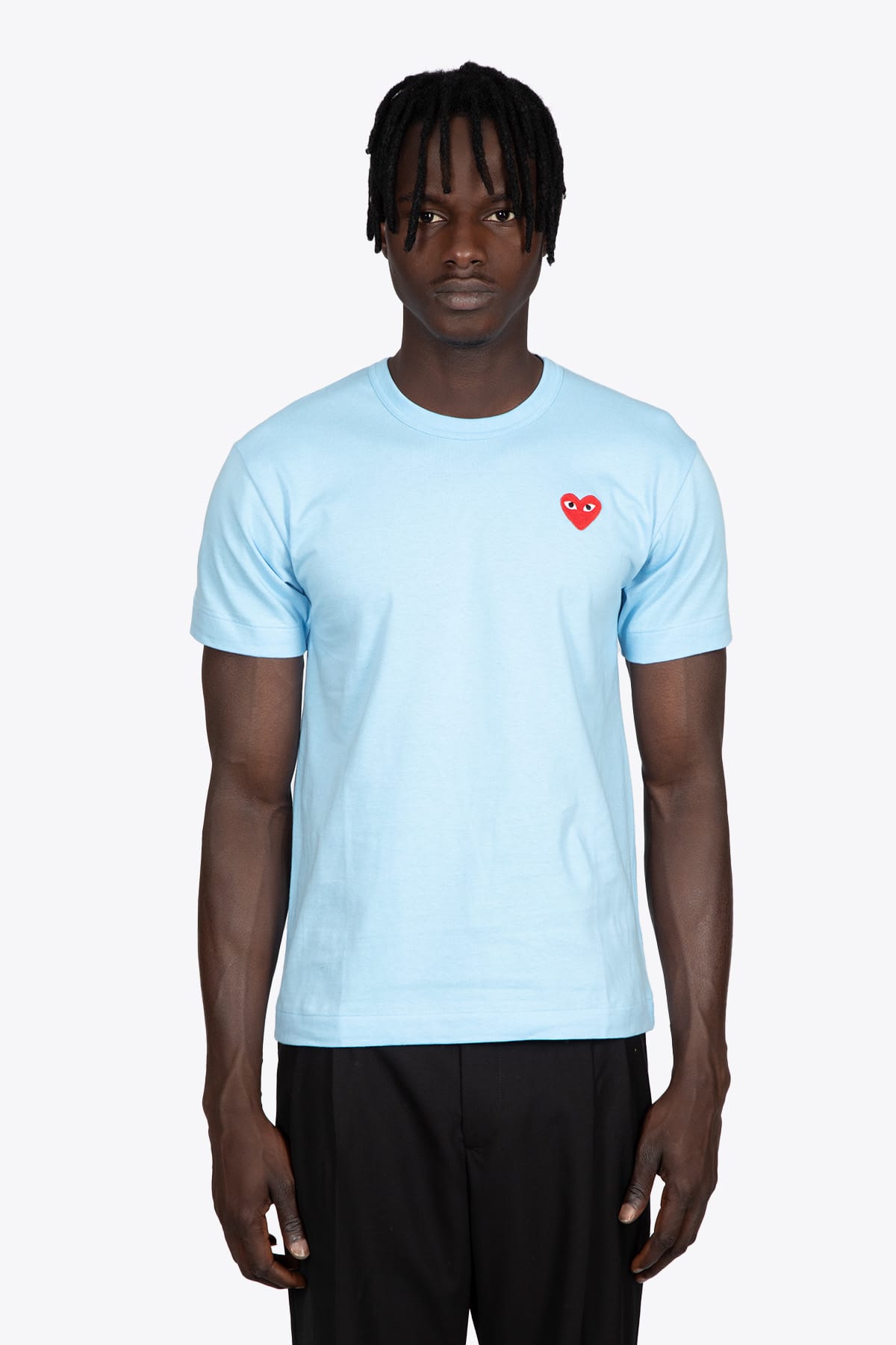 Comme des Garçons Play Mens T-shirt Light blue cotton t-shirt with big heart patch