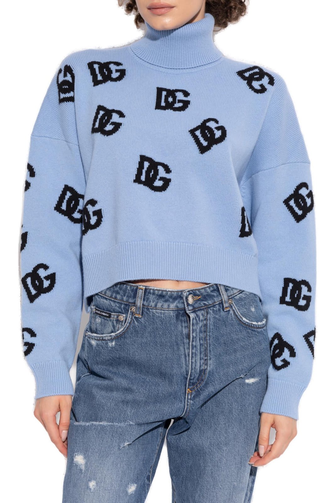 Shop Dolce & Gabbana Logo Intarsia Knitted Jumper In Celeste Chiaro