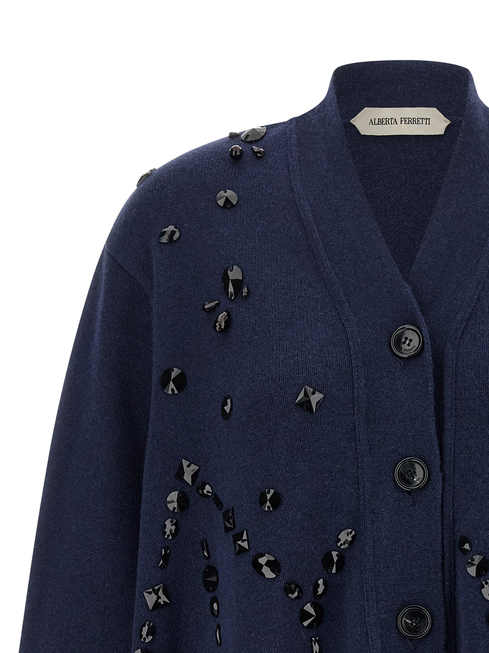 Alberta Ferretti V-neck Cashmere And Silk Blend Cardigan With Crystal Embroidery In Blue