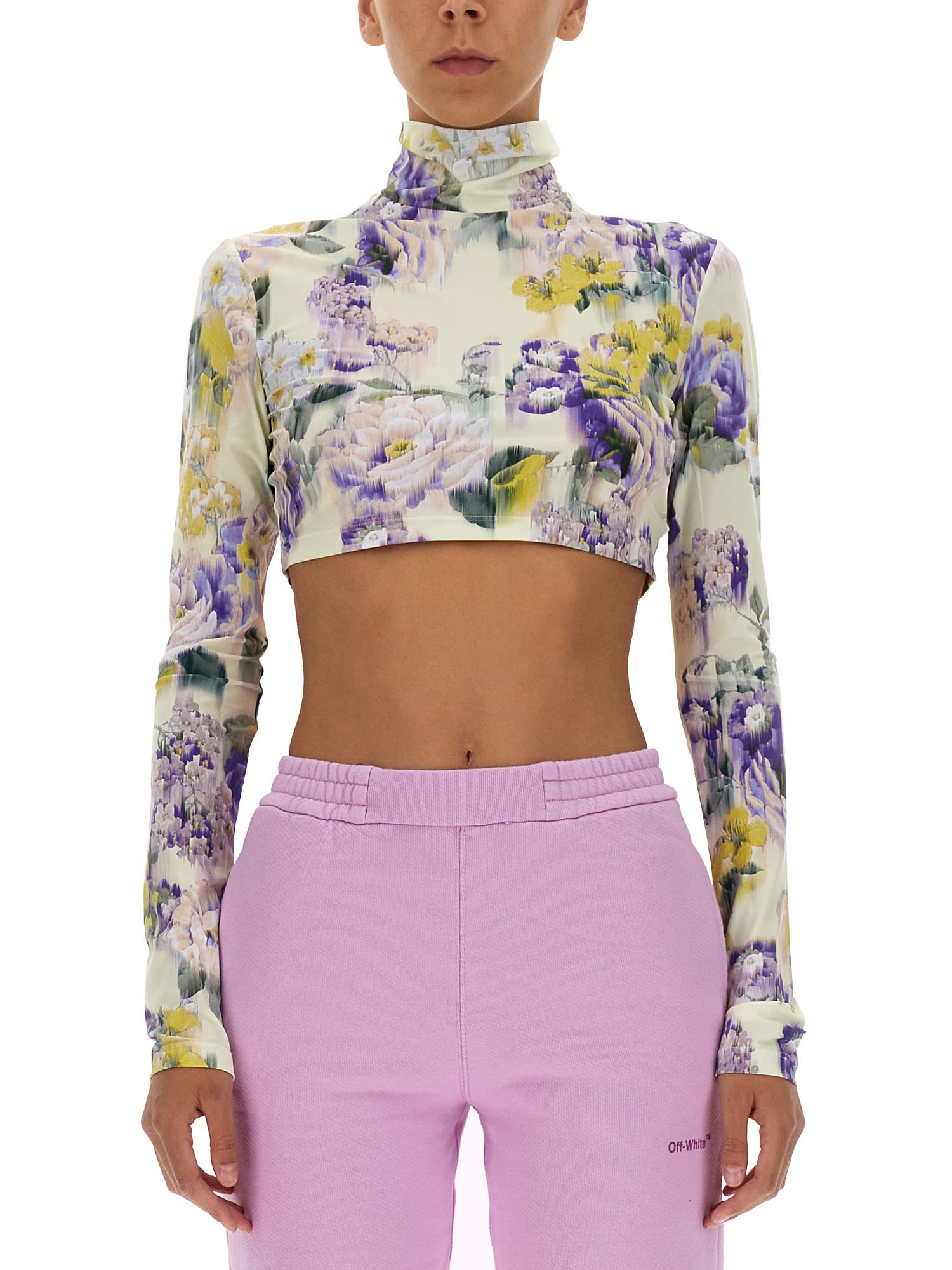 Off-White Crop Top With Floral Pattern