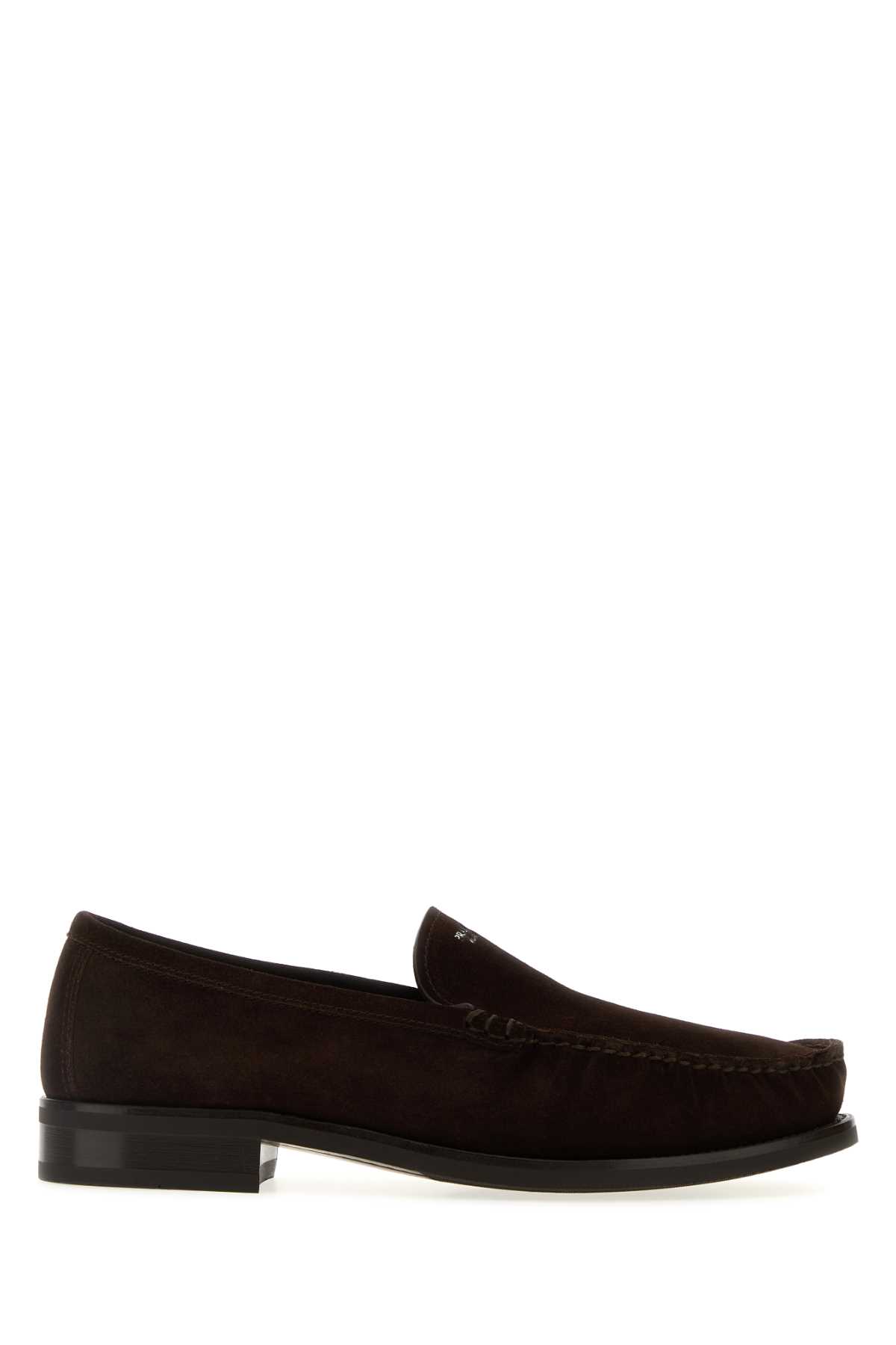 Prada Suede Loafers With Round Toe And Stitching In Brown