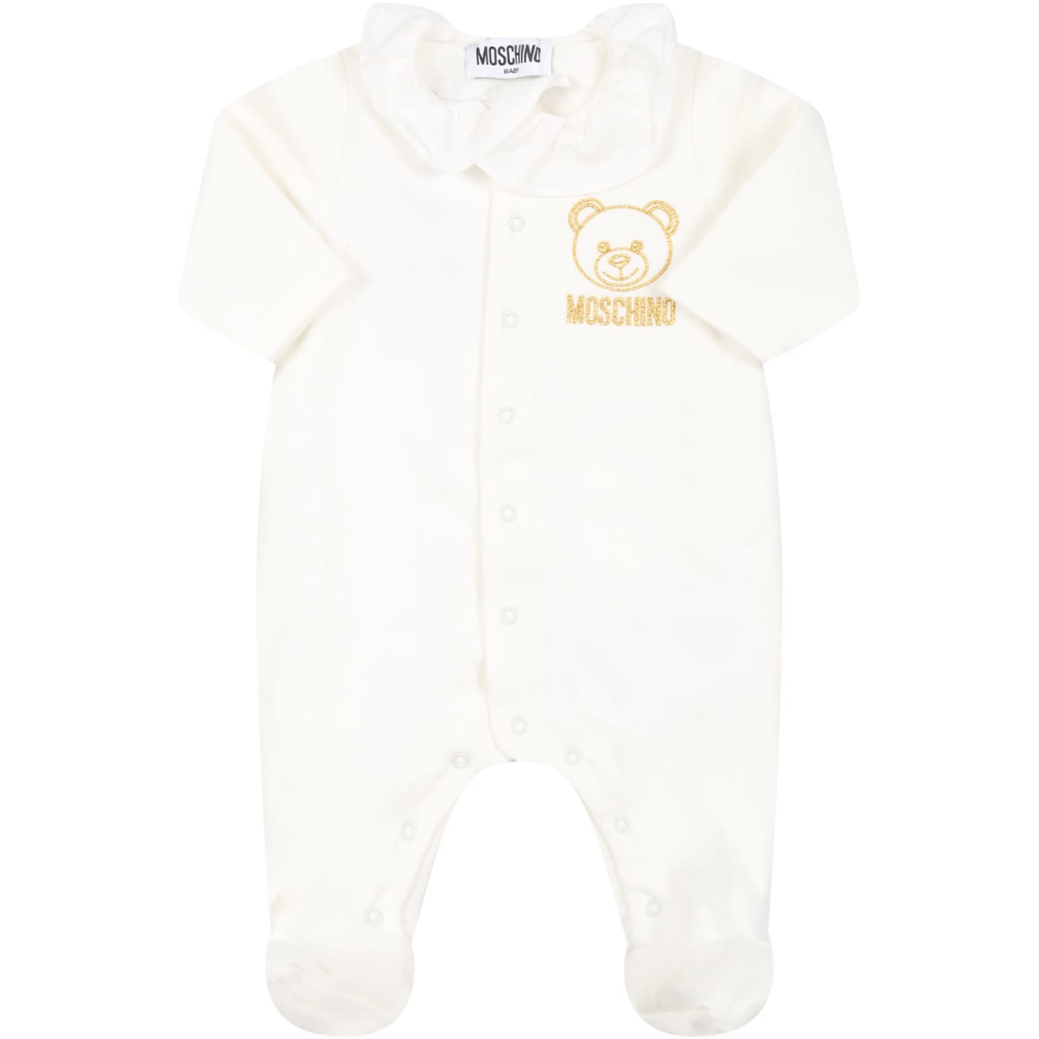 Moschino Ivory Jumpsuit For Baby Girl With Golden Logo