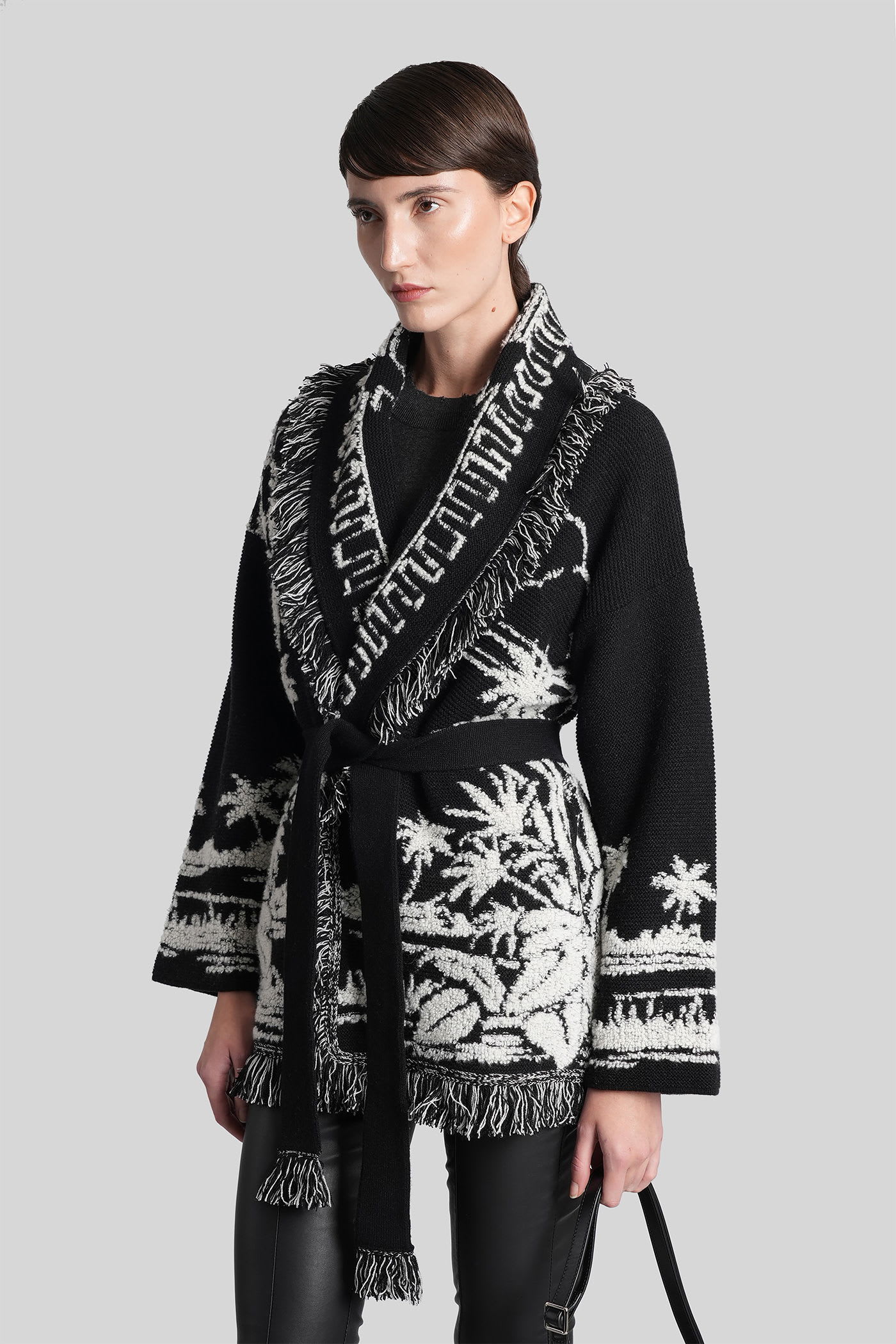 Alanui Black Cardigan With Tropical Pattern And Fringes In Black