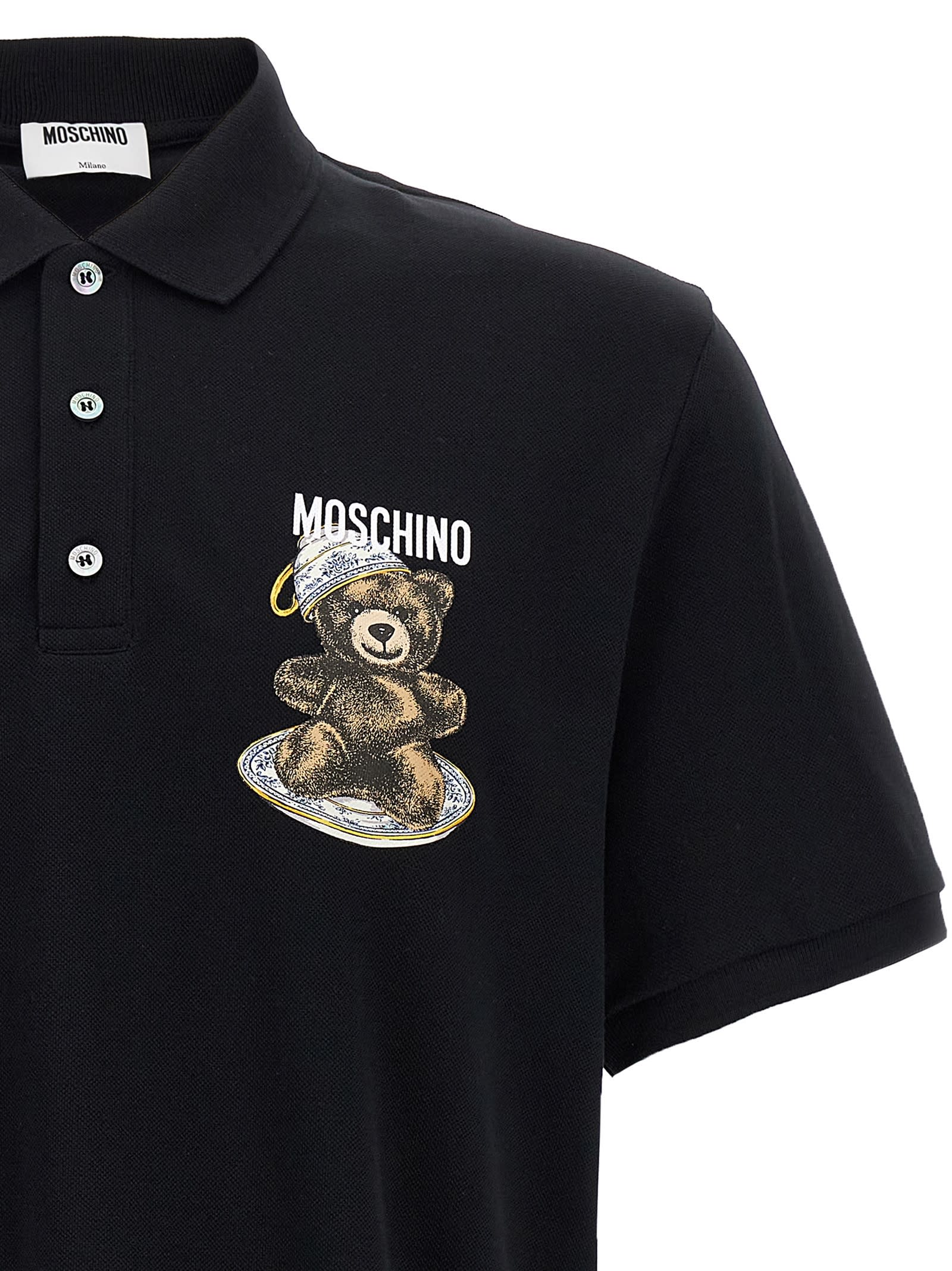 Moschino Graphic Print Polo Shirt With Side Slits In Black