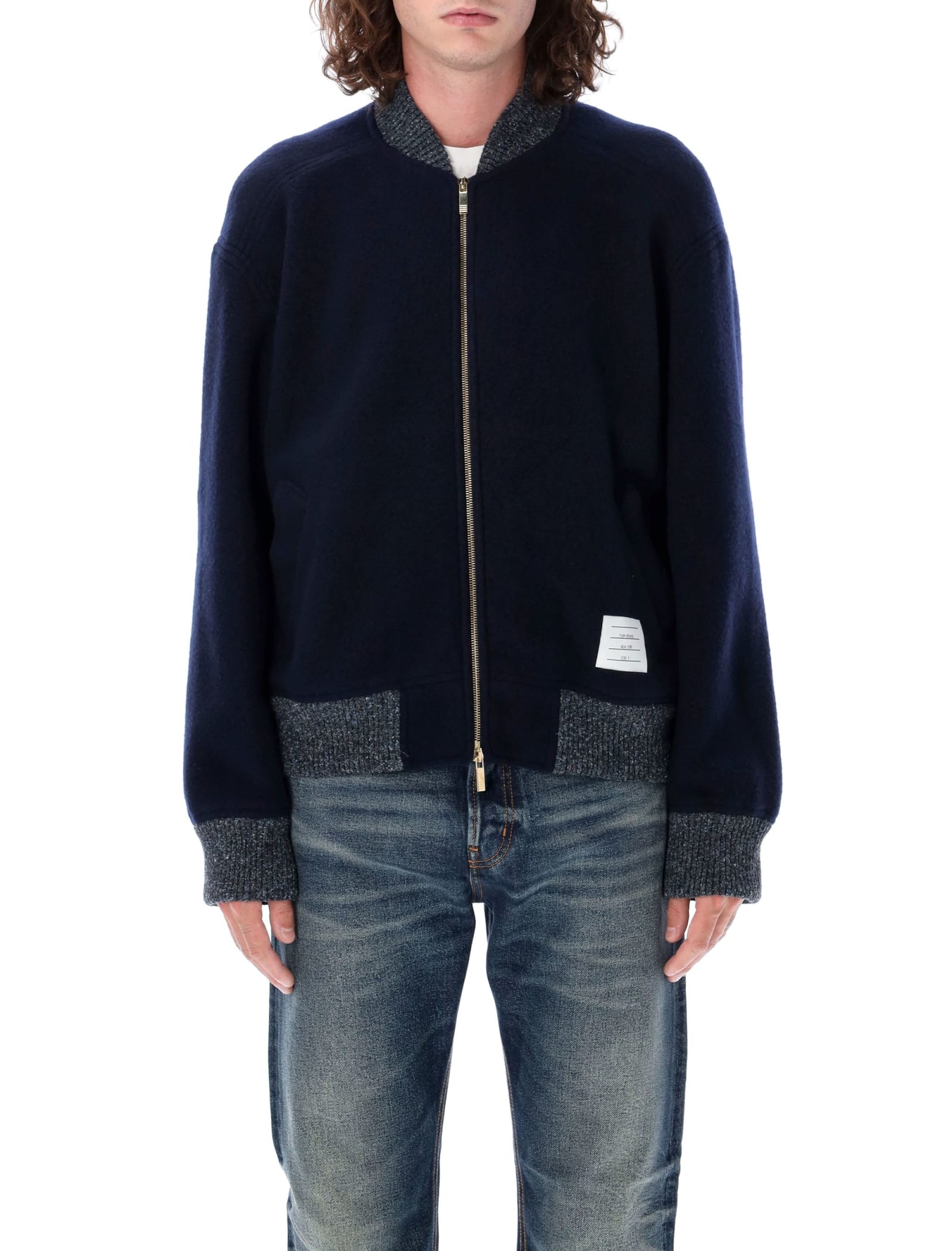 Shop Thom Browne Wool Bomber Jacket With Rwb Stripe In Navy