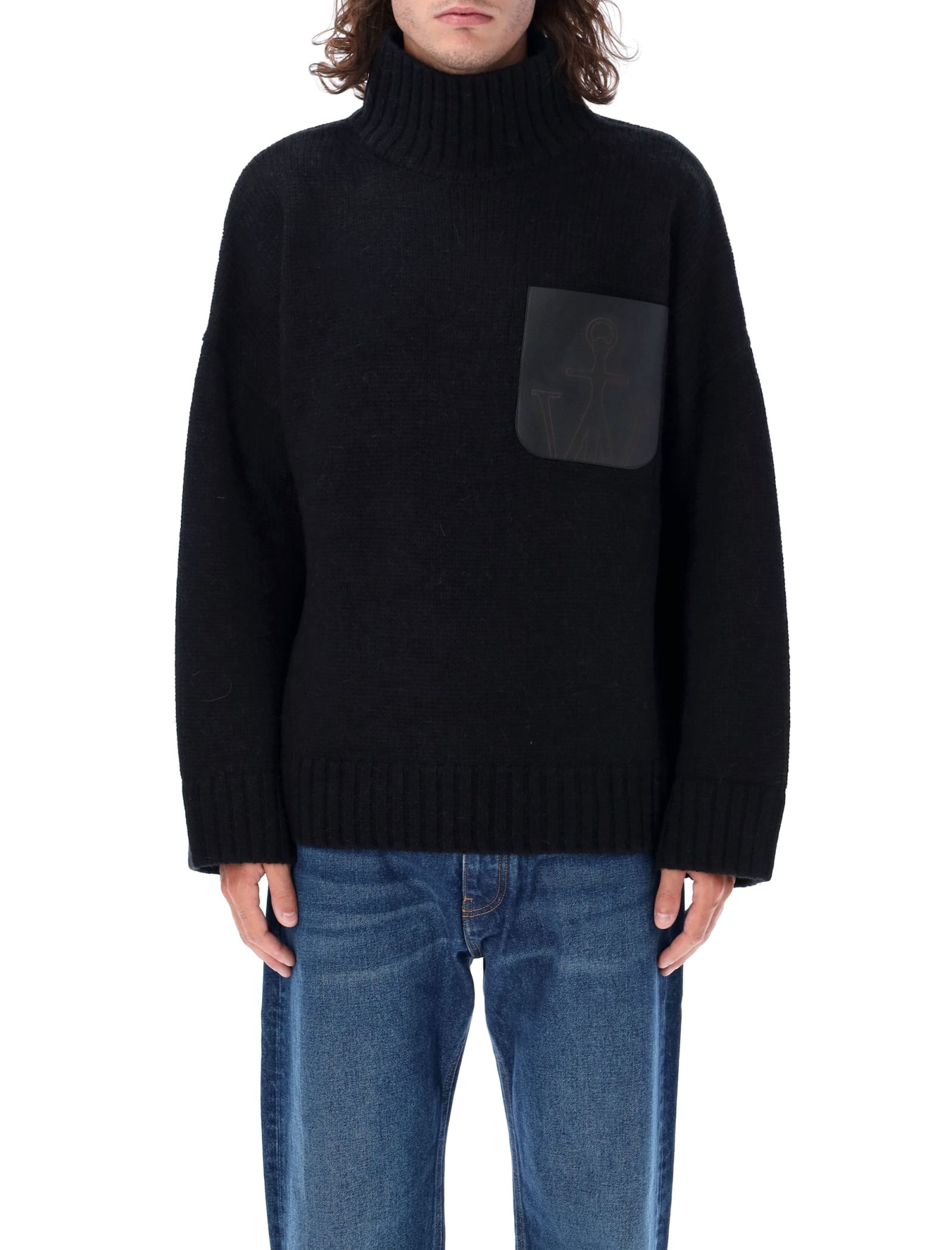 Shop Jw Anderson Leather Patchpocket High Neck Knit In Black