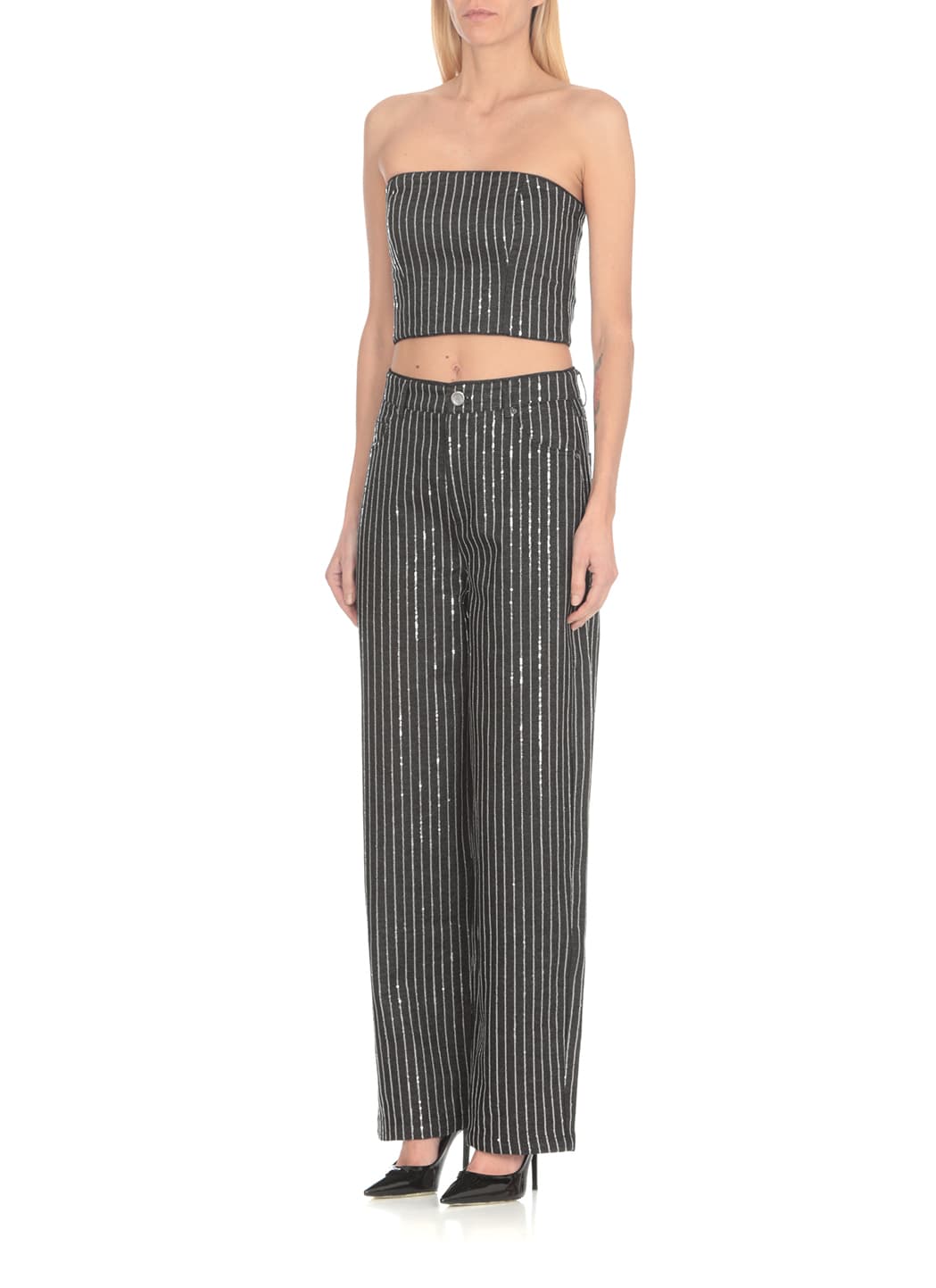 Shop Rotate Birger Christensen Twill Trousers With Paillettes In Black
