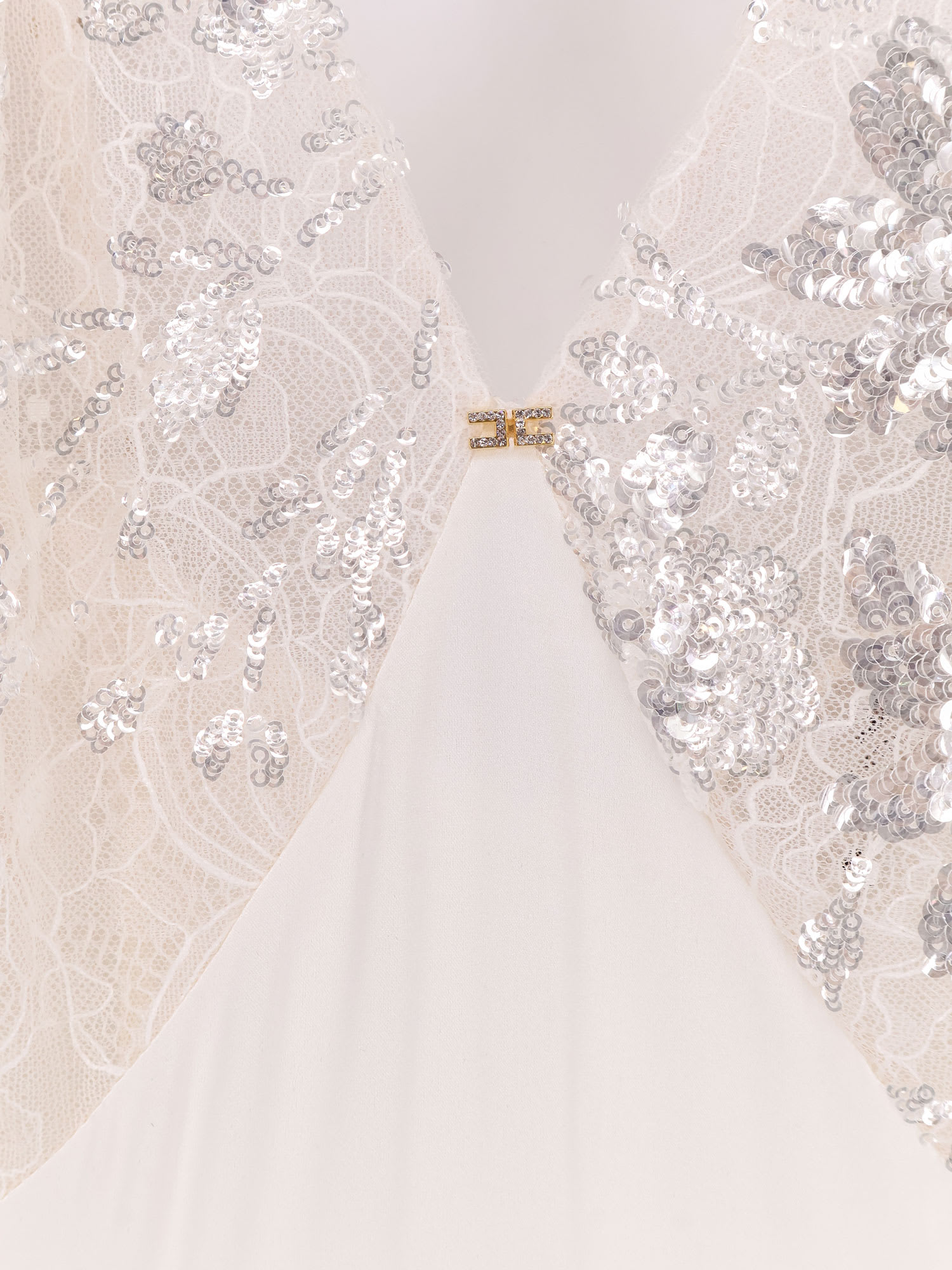 Elisabetta Franchi Red Carpet Dress In Silk Georgette Fabric And Embroidered Lace In White