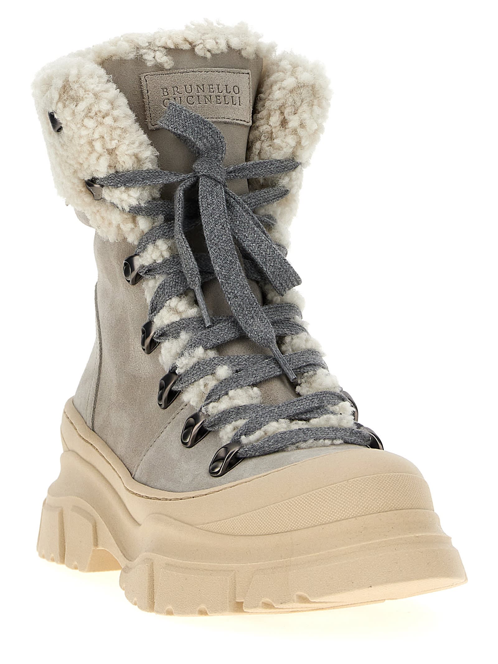 Shop Brunello Cucinelli Shearling Suede Ankle Boots In Gray