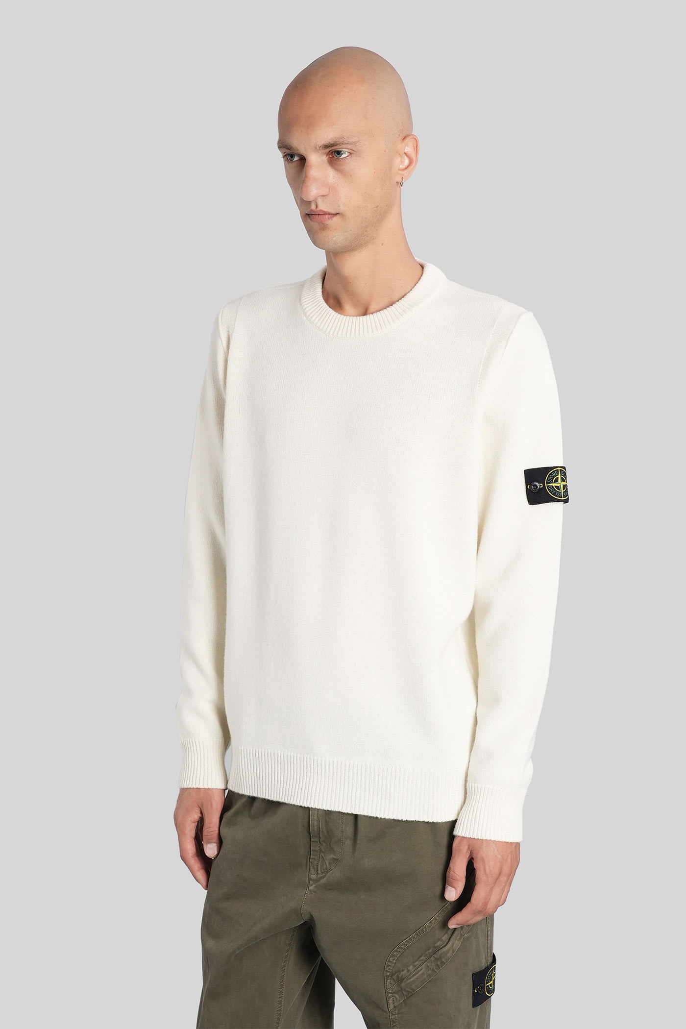 Stone Island Crew Neck Wool Sweater With Reverse Stitch Details In White