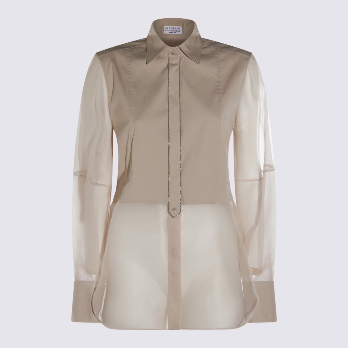 Brunello Cucinelli Longline Sheer Top Pointed Collar In Neutral