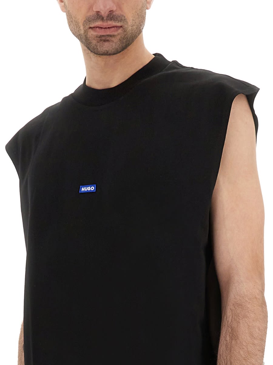 Hugo Boss Sleeveless Cotton-jersey T-shirt With Blue Logo Label In Black